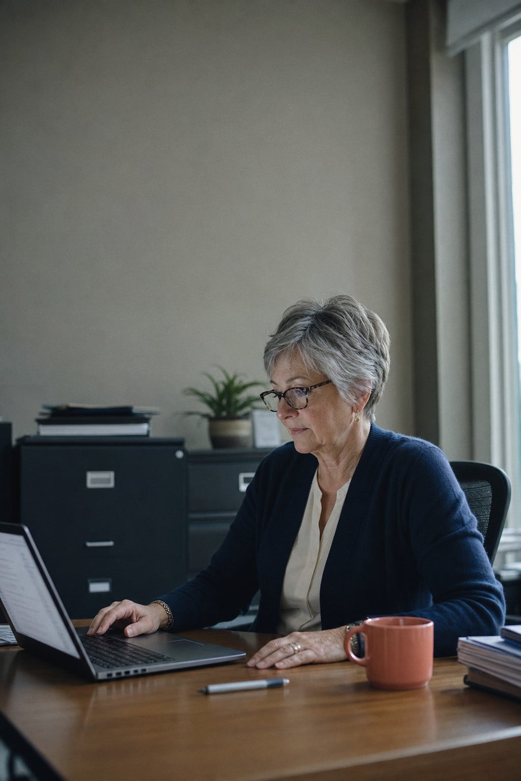 An office manager in glasses works through a report on her laptop at her desk