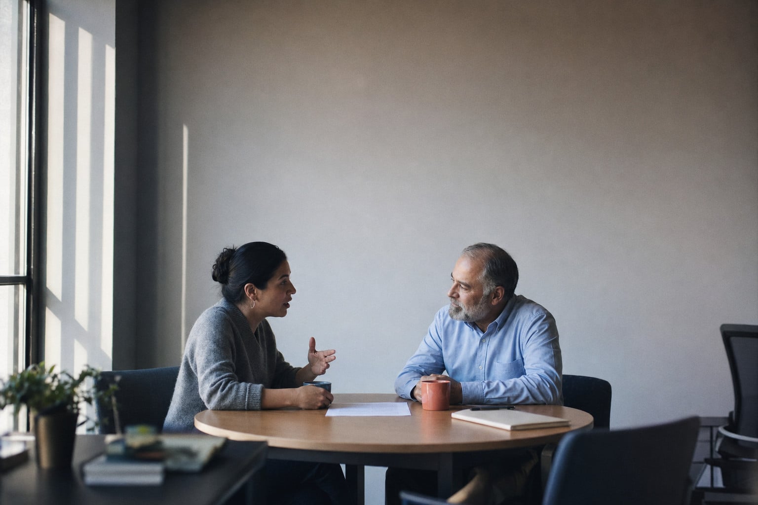 Two colleagues talk across a round table, a sheet of paper and two mugs between them