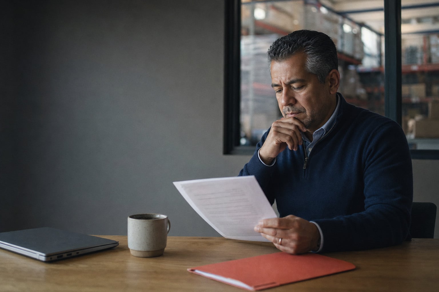 An owner at a wooden table reading a printed roadmap, a coral folder beside him