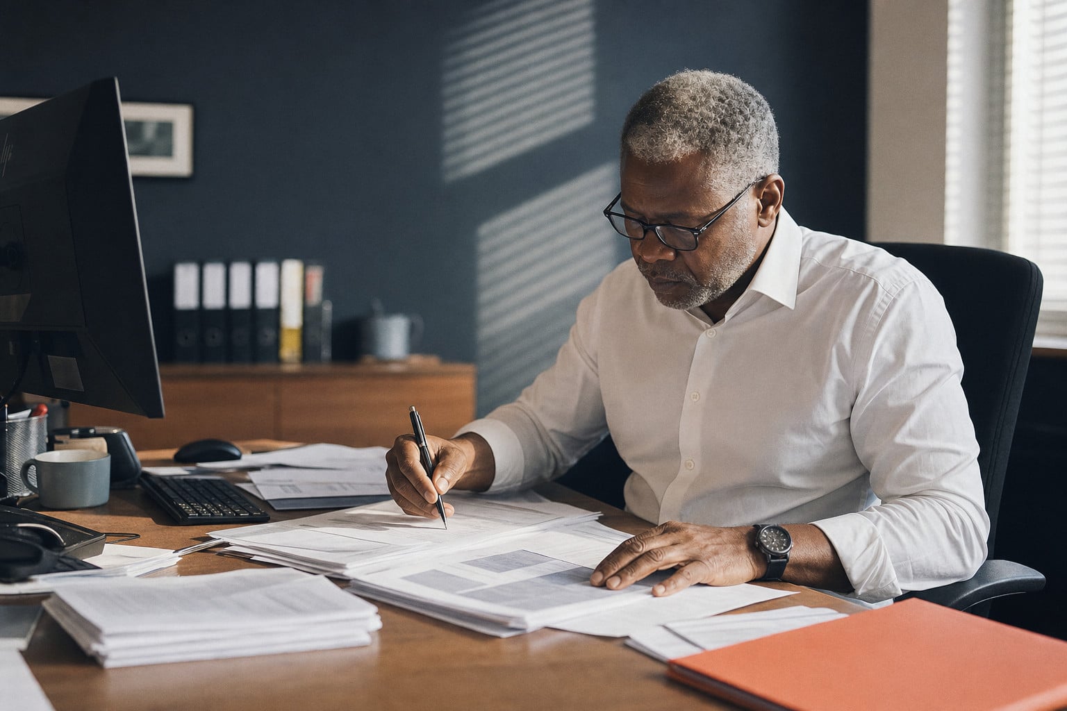 A controller signs off a stack of statements at his desk.