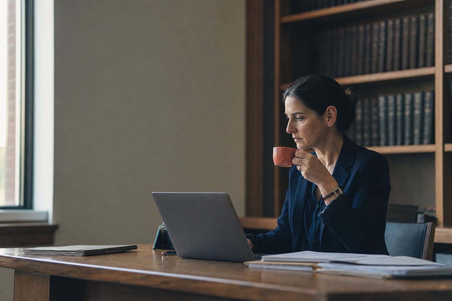 A partner reads at her desk in the early morning, a cup in her hand.