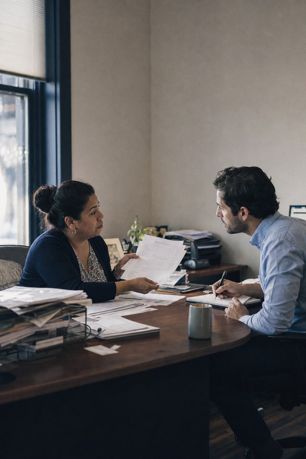A woman walks a colleague through the papers on her desk while he takes notes.