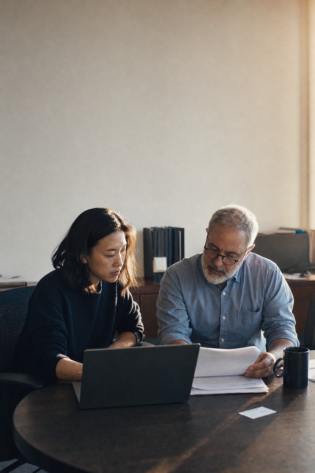 Two colleagues work through papers and a laptop at a round table.