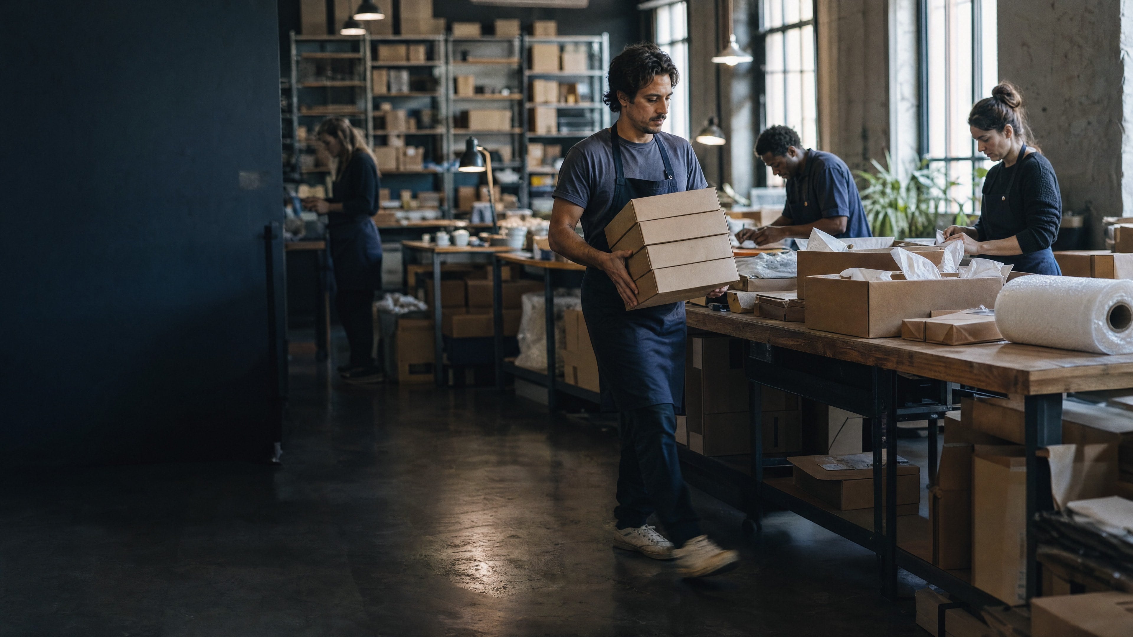 A packer carries a stack of boxes past the packing tables of an online brand