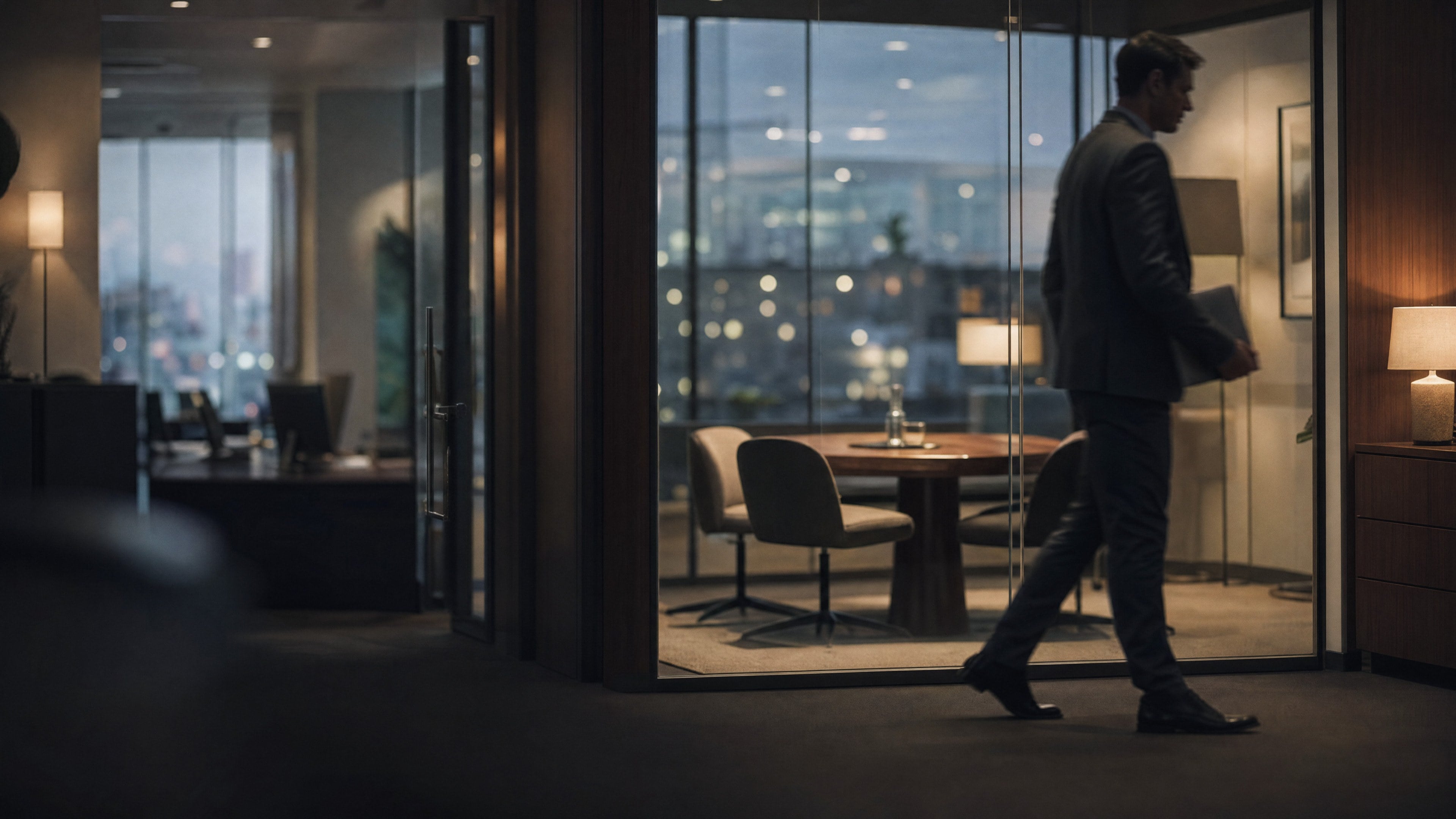 An advisor walks past a glass meeting room in the early evening