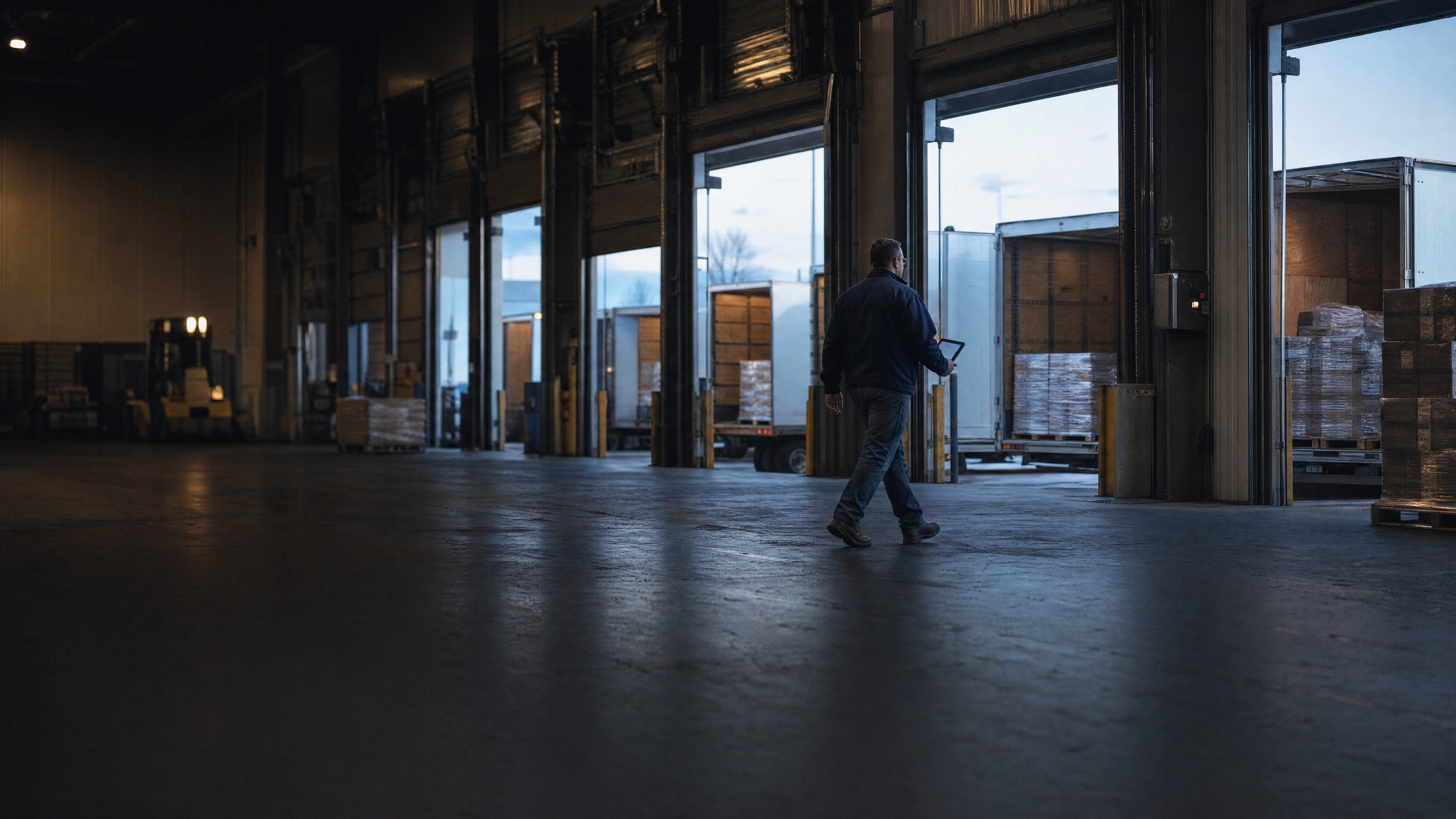 A dock worker walks past loading bays at dawn, trailers backed in