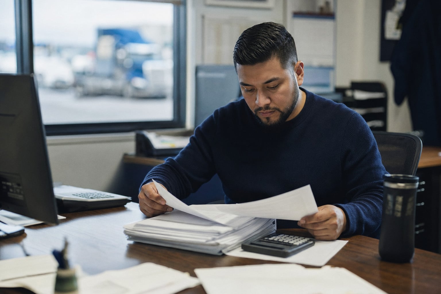 A payables specialist checks a stack of printed carrier bills