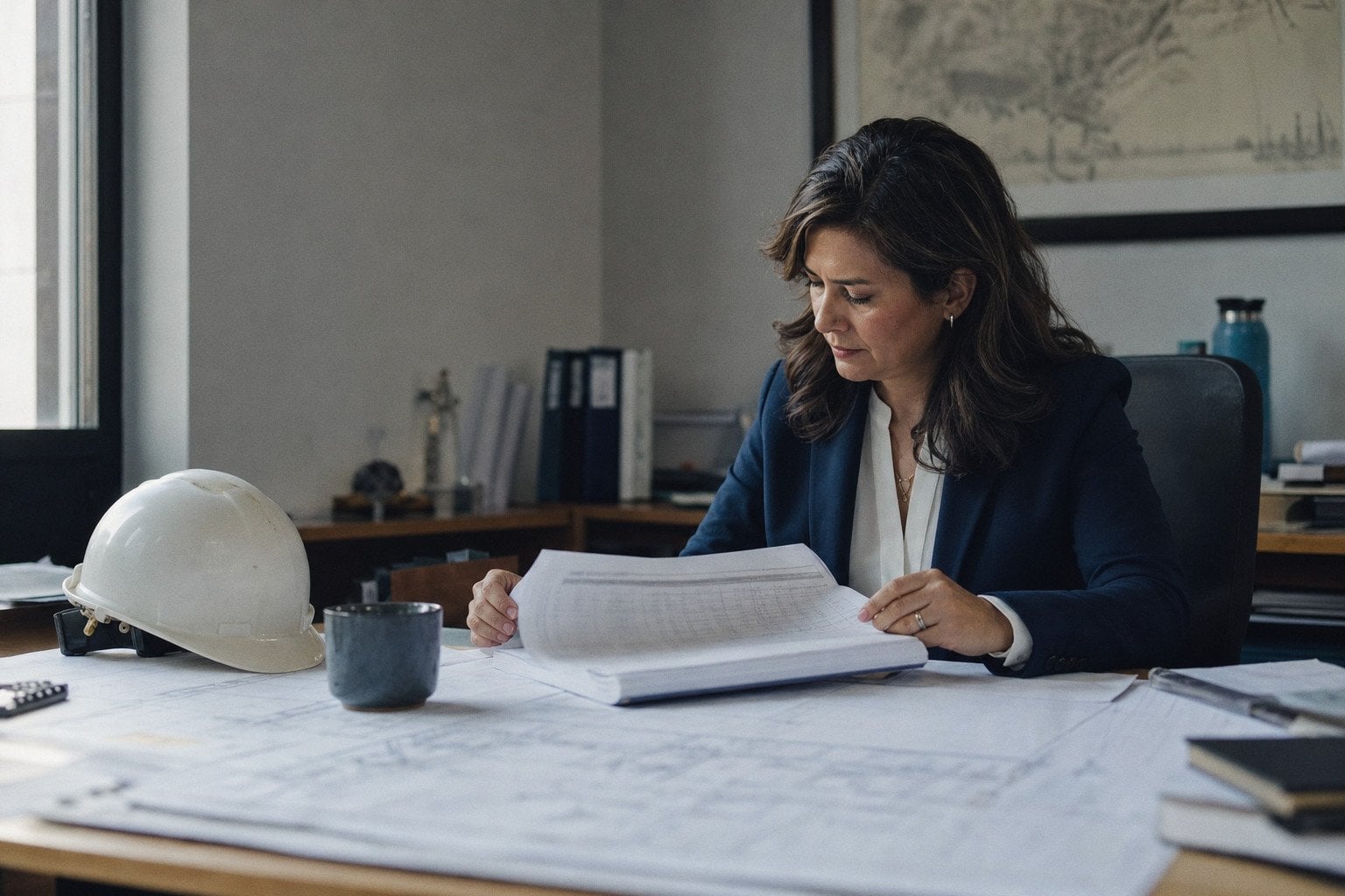 Una gerente de proyecto revisa una estimación sobre una mesa con planos