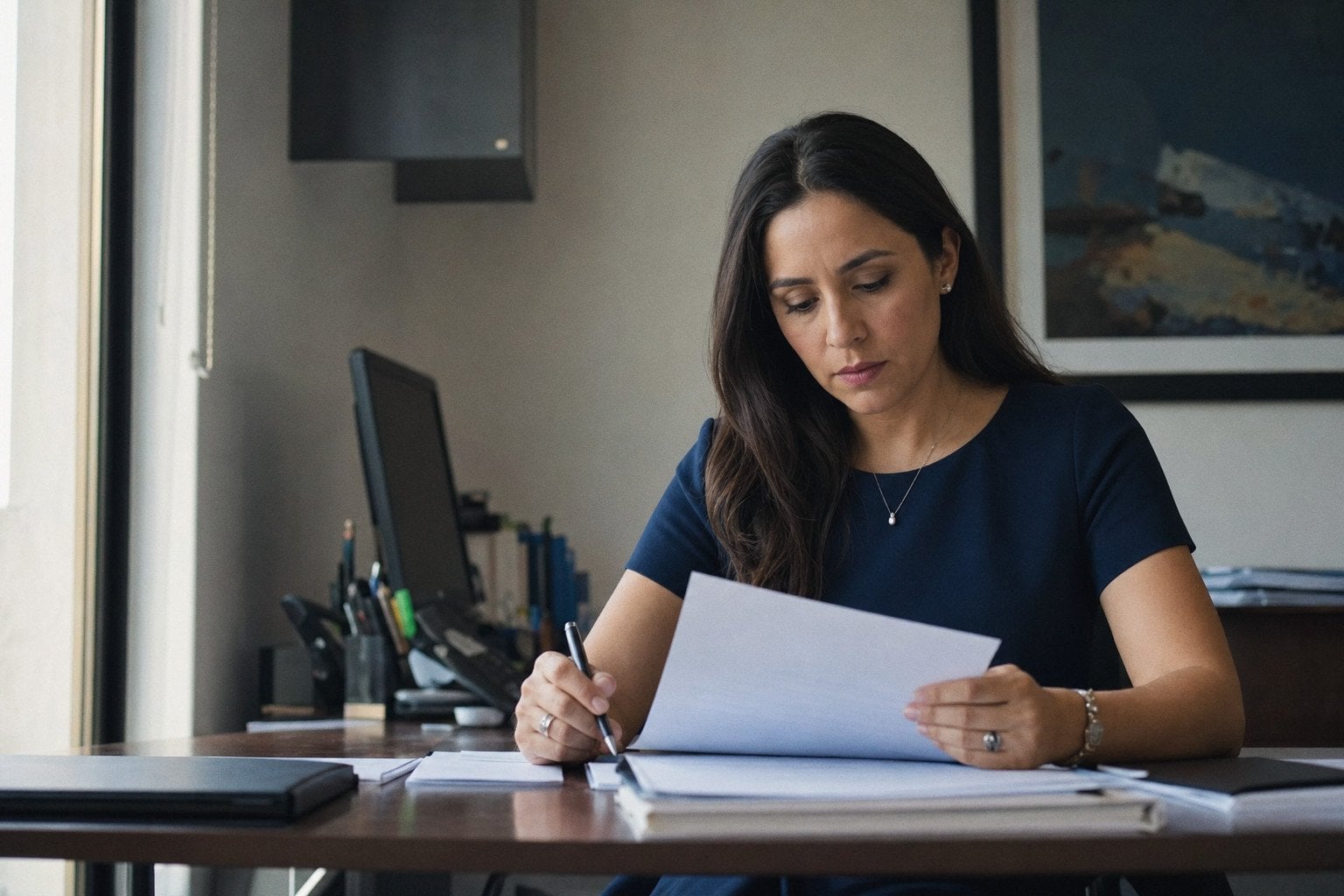 Una analista revisa un contrato de crédito impreso