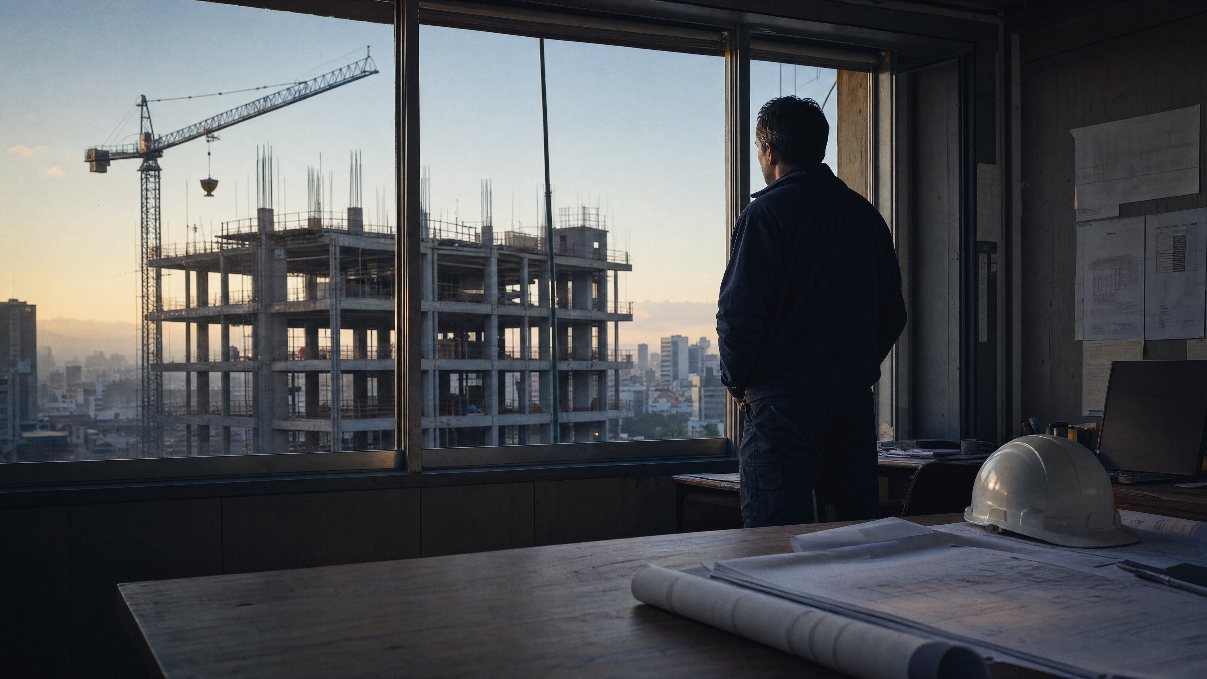 Un ingeniero mira desde la oficina de obra un edificio en construcción al amanecer