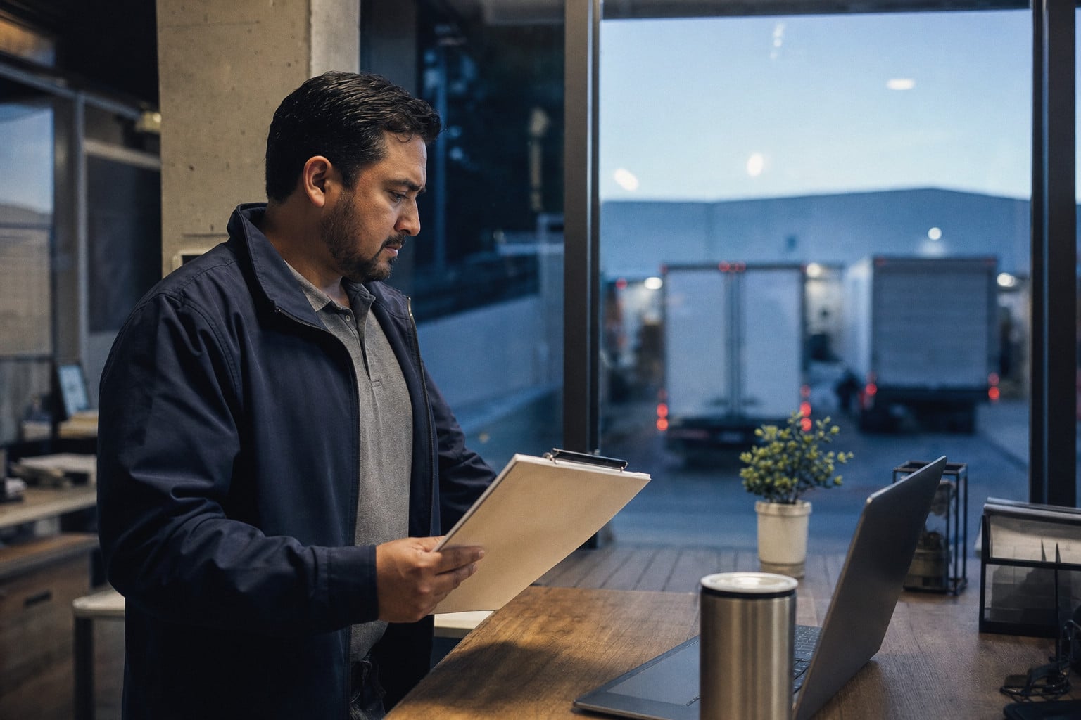 A planner reading the work order by the loading dock window