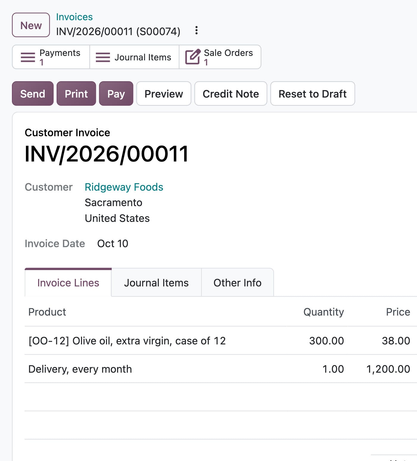 Odoo Accounting: invoice INV/2026/00011 for Ridgeway Foods, $12,600, in payment