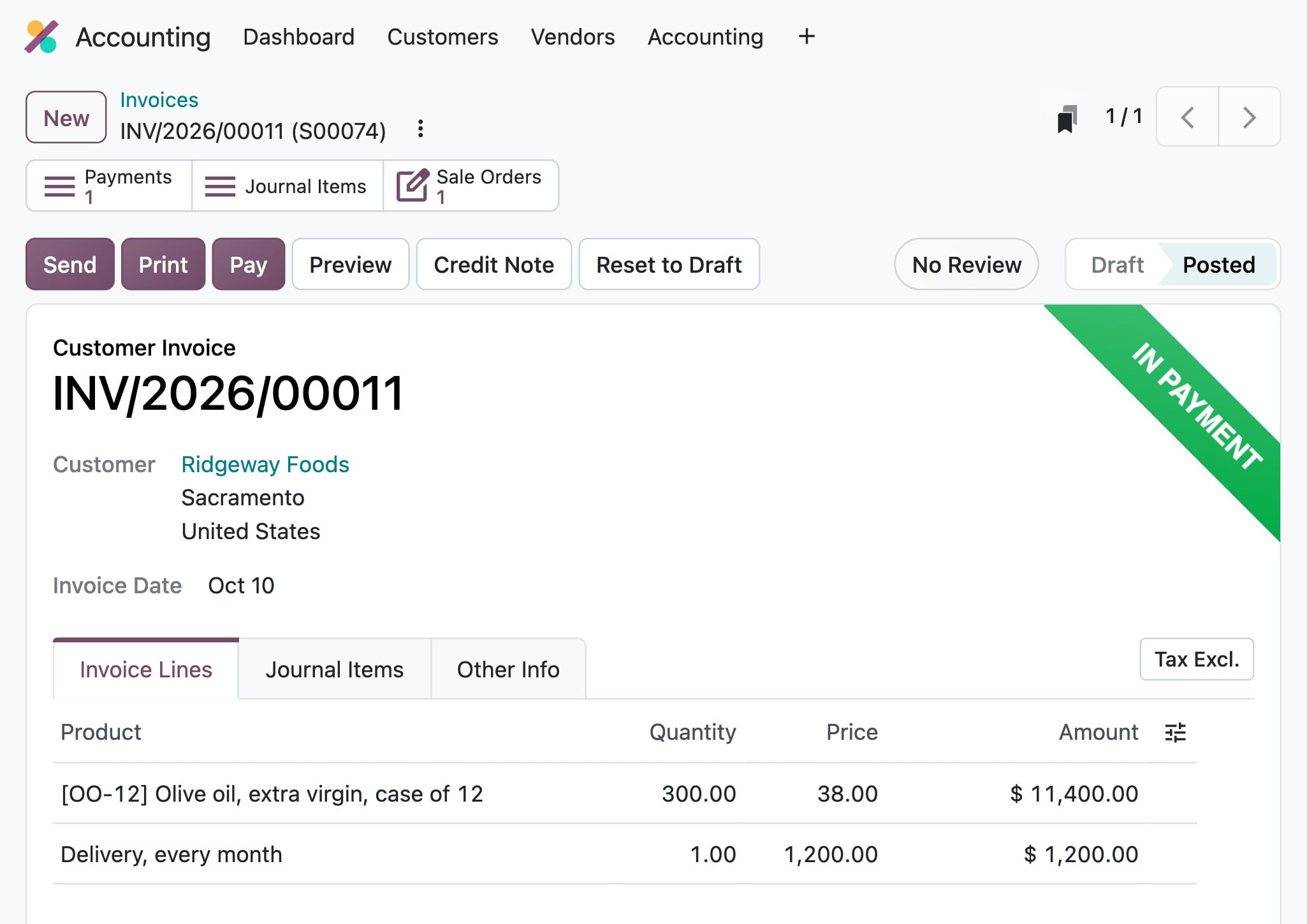 Odoo Accounting: invoice INV/2026/00011 for Ridgeway Foods, $12,600, in payment