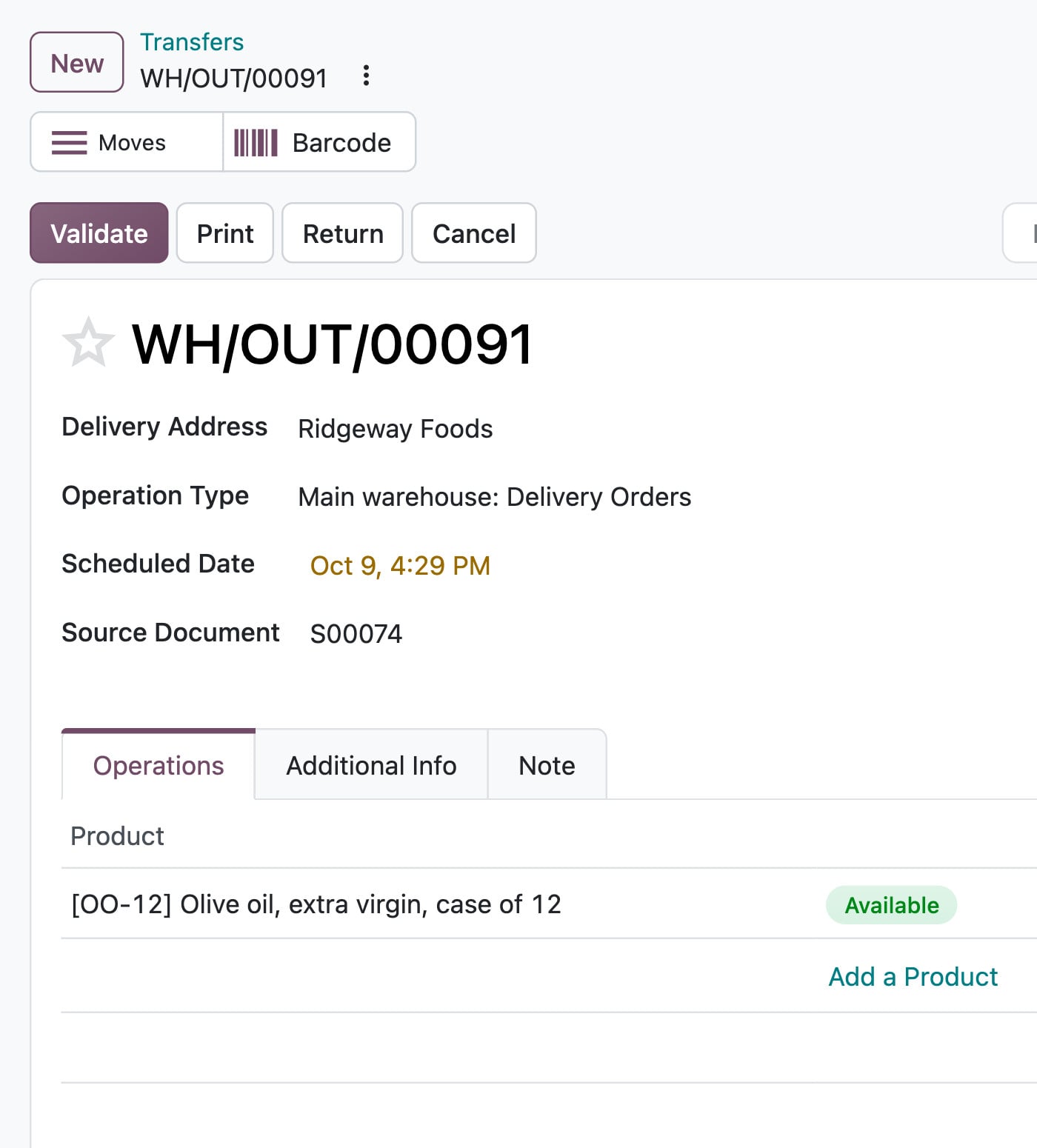 Odoo Inventory: delivery WH/OUT/00091 to Ridgeway Foods, 300 cases reserved and ready