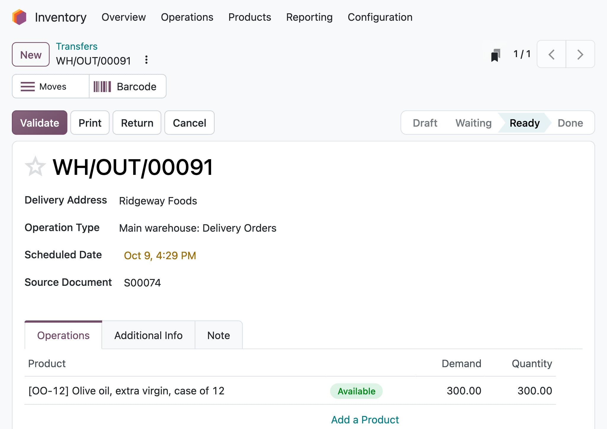 Odoo Inventory: delivery WH/OUT/00091 to Ridgeway Foods, 300 cases reserved and ready