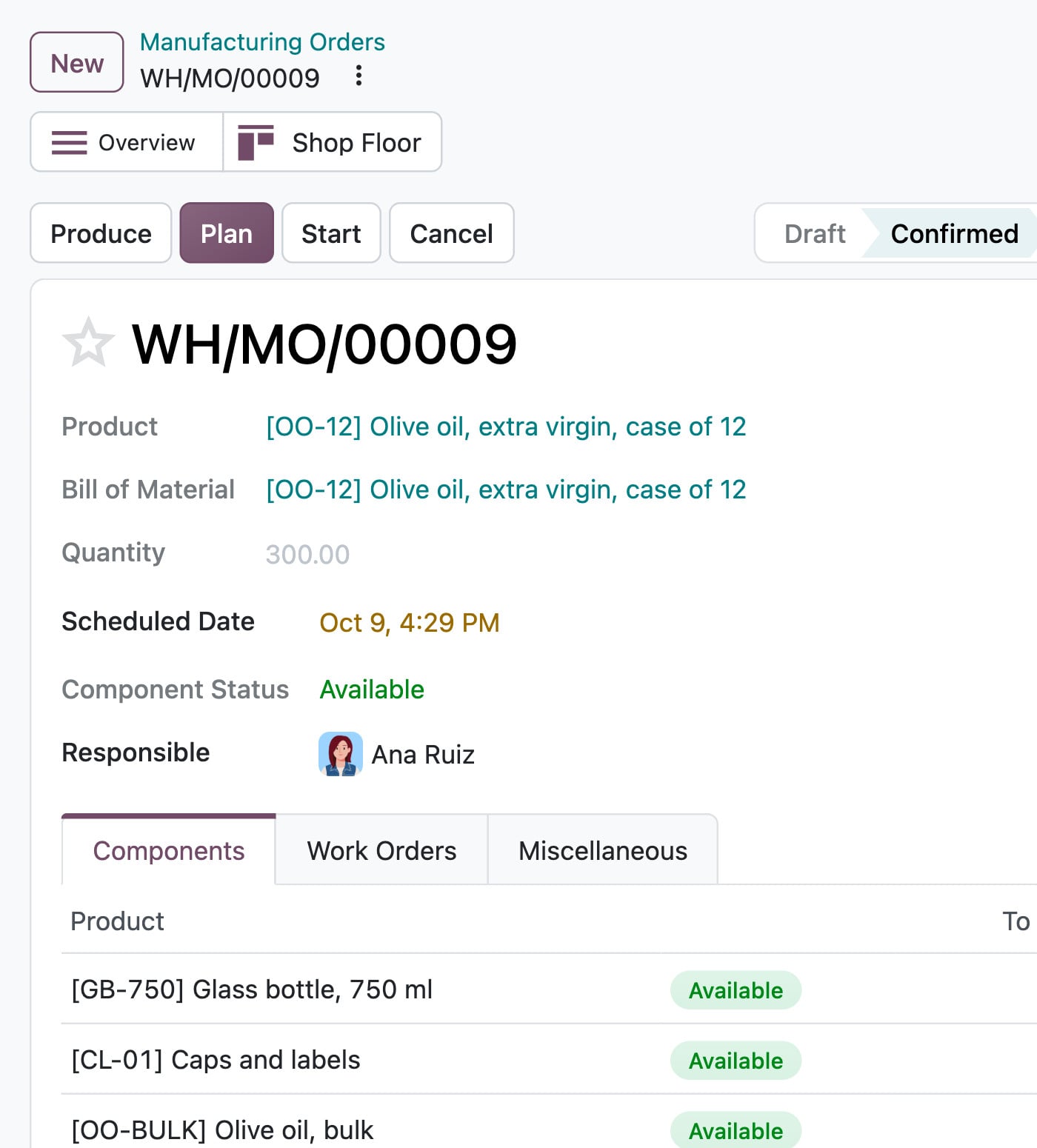Odoo Manufacturing: order WH/MO/00009 for 300 cases, every component available