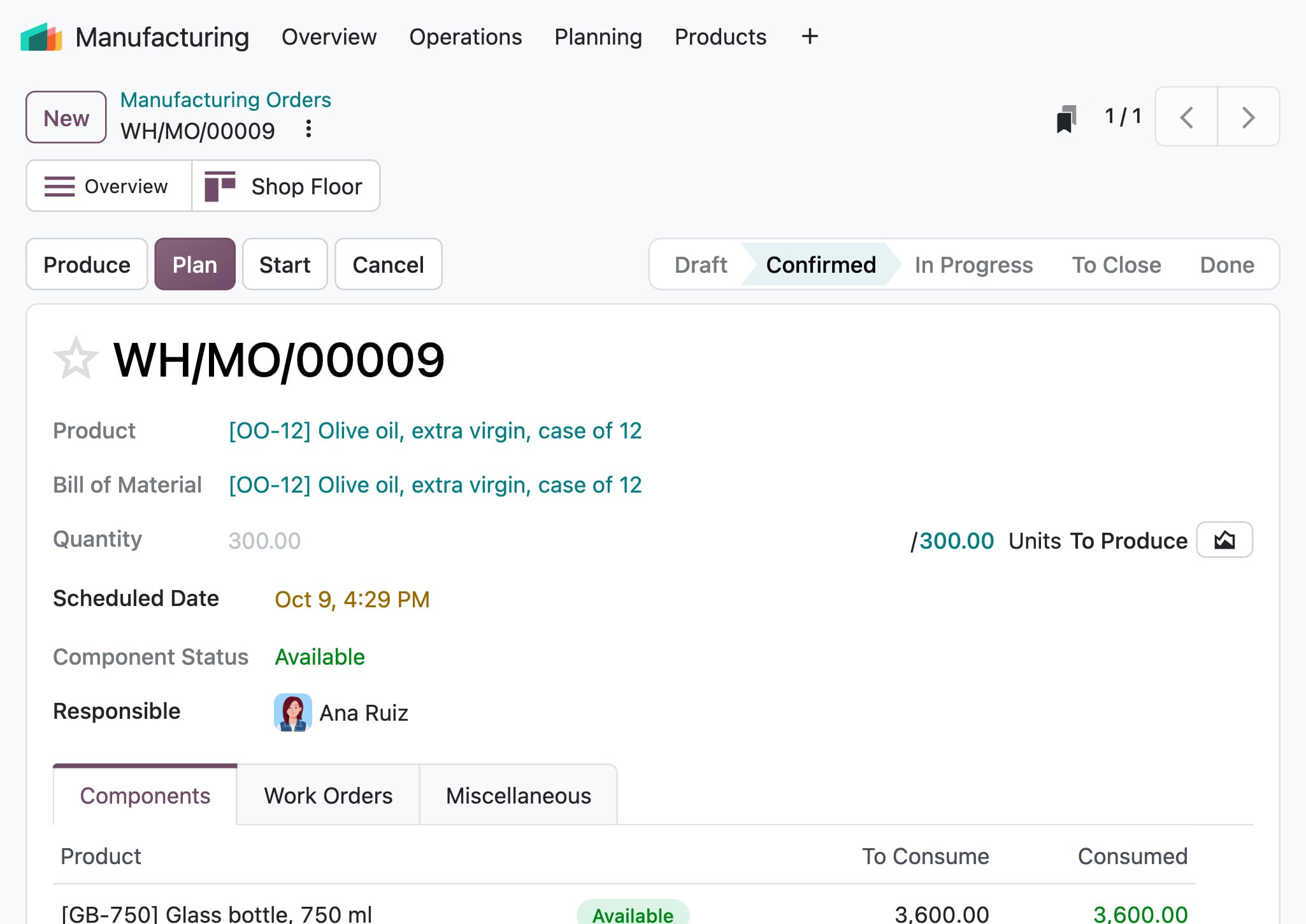 Odoo Manufacturing: order WH/MO/00009 for 300 cases, every component available