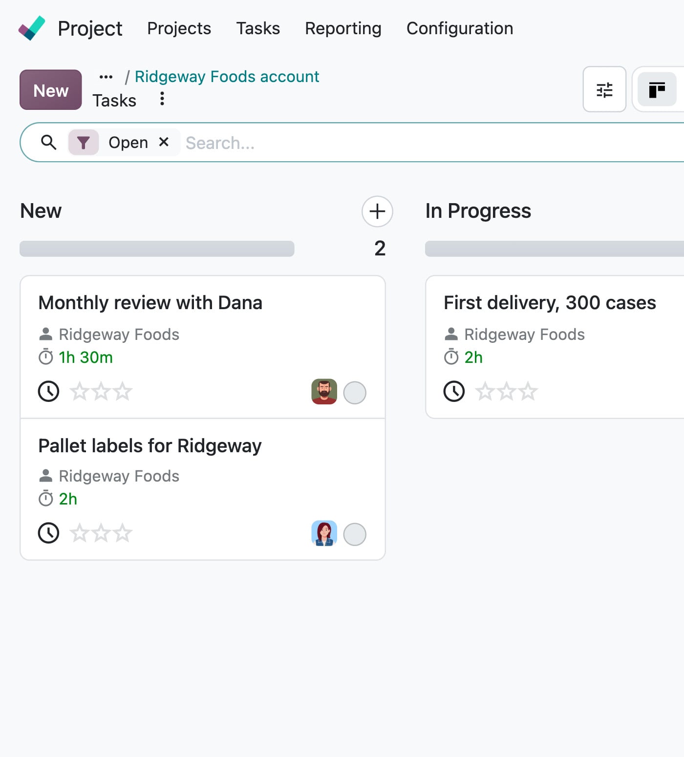 Odoo Project: the Ridgeway Foods account, its tasks and the hours logged on each