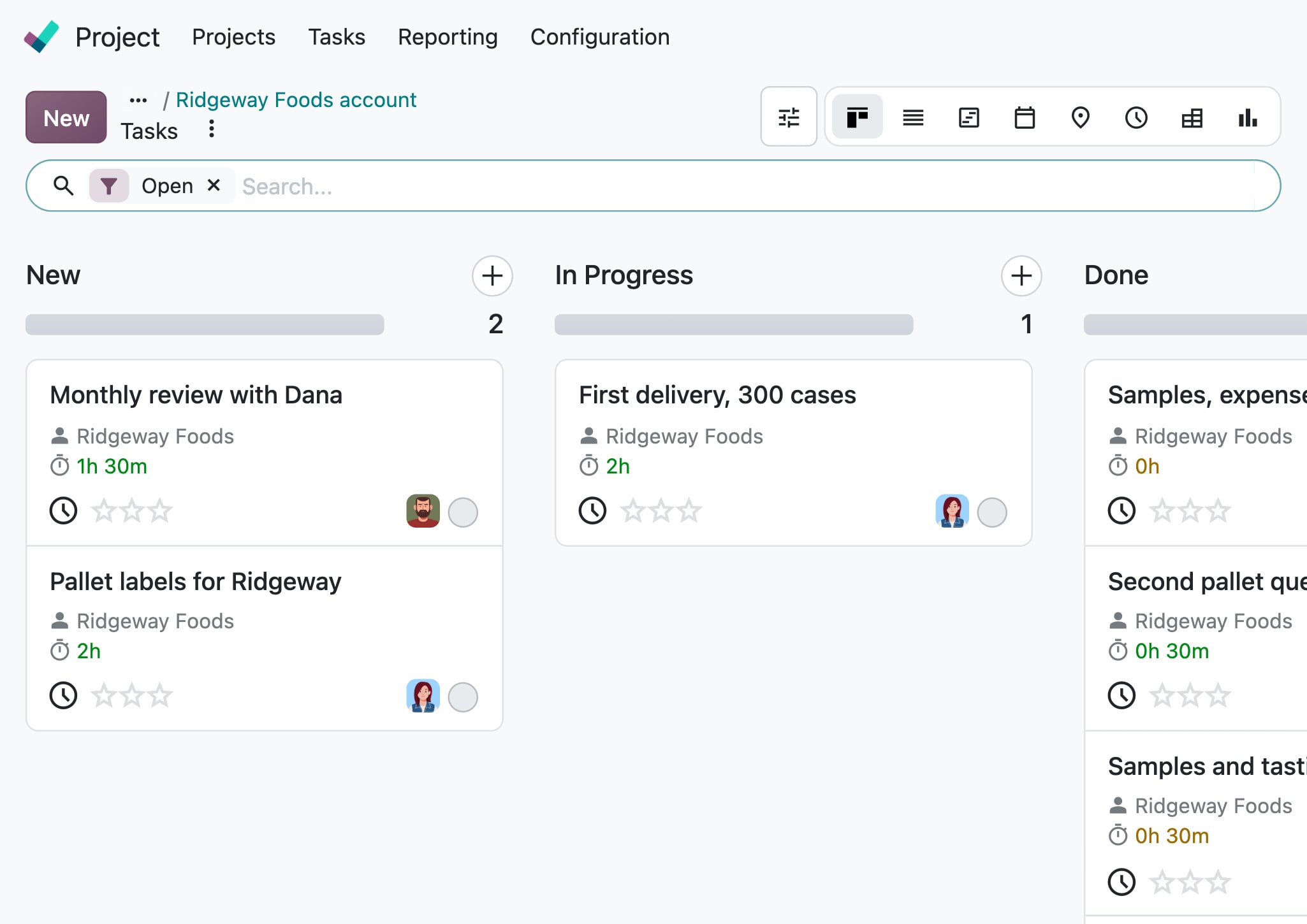 Odoo Project: the Ridgeway Foods account, its tasks and the hours logged on each