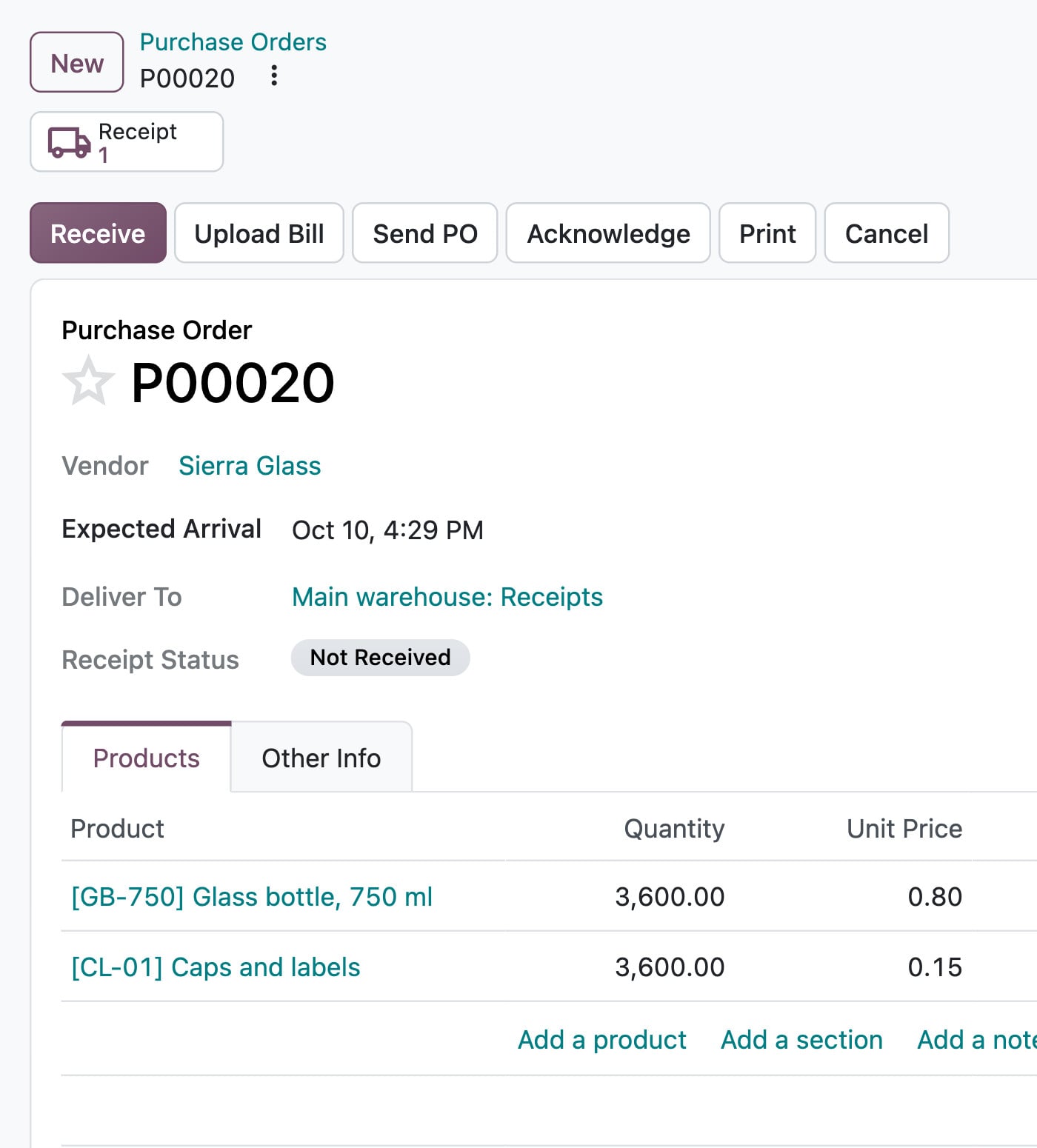 Odoo Purchase: order P00020 to Sierra Glass for 3,600 bottles and 3,600 caps and labels