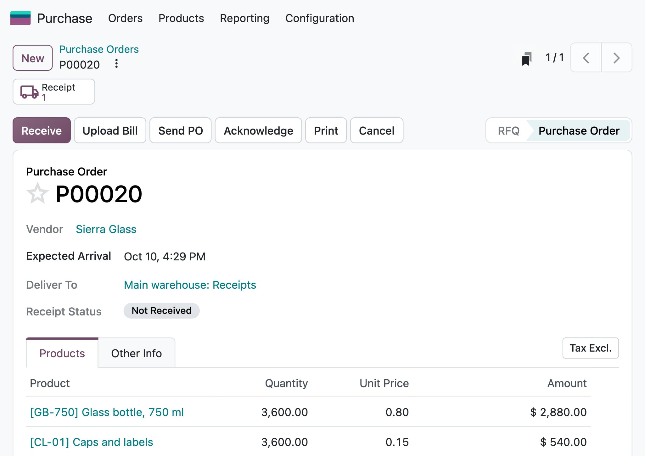 Odoo Purchase: order P00020 to Sierra Glass for 3,600 bottles and 3,600 caps and labels