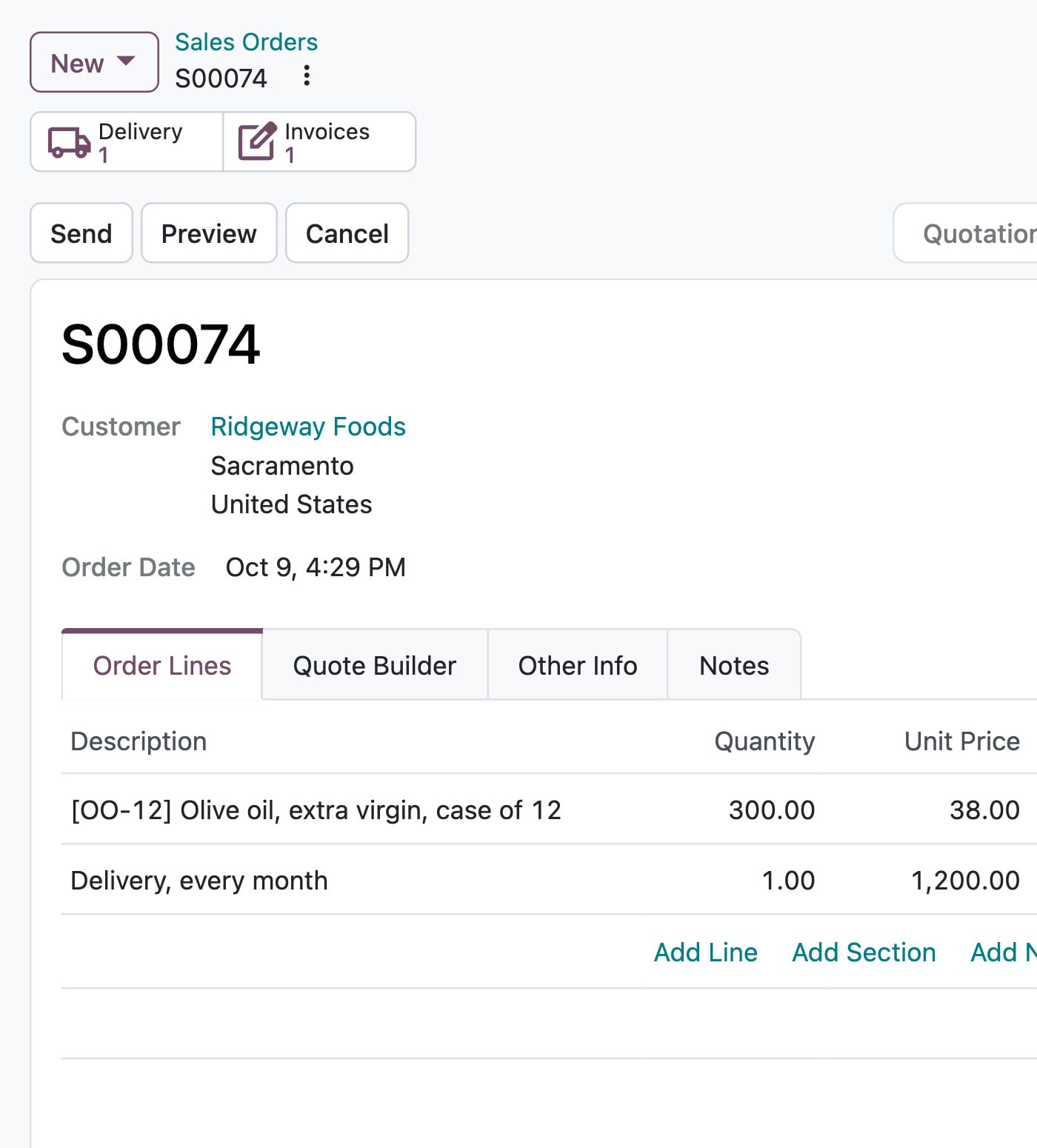 Odoo Sales: order S00074 for Ridgeway Foods, 300 cases of olive oil and the monthly delivery, $12,600