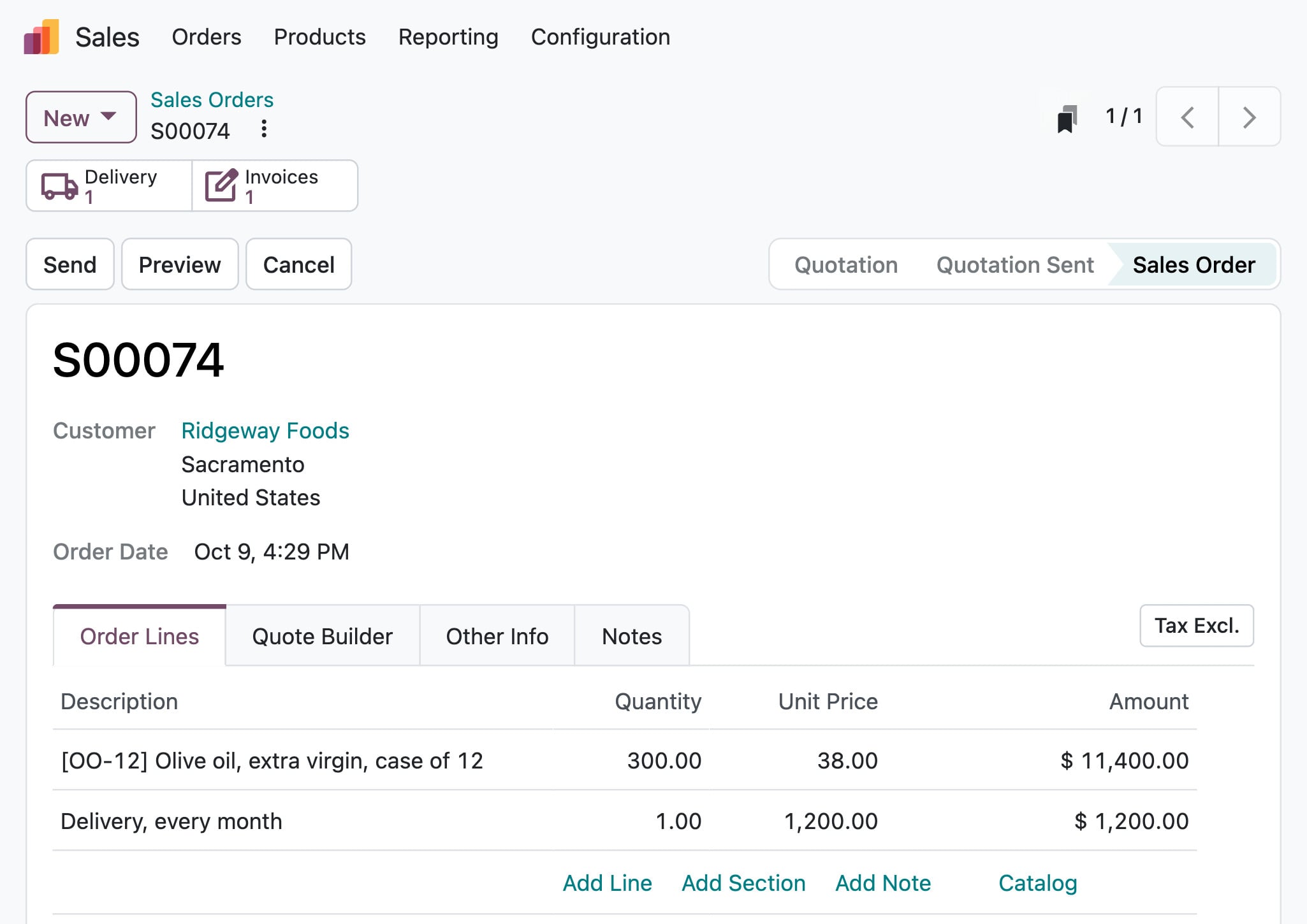 Odoo Sales: order S00074 for Ridgeway Foods, 300 cases of olive oil and the monthly delivery, $12,600