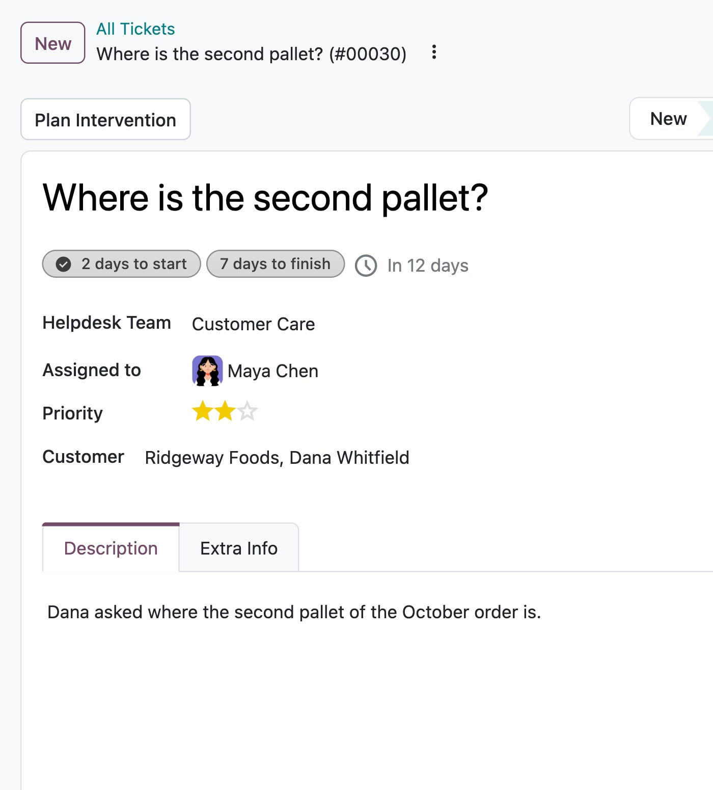 Odoo Helpdesk: the ticket Where is the second pallet?, from Dana Whitfield, owned by Maya Chen