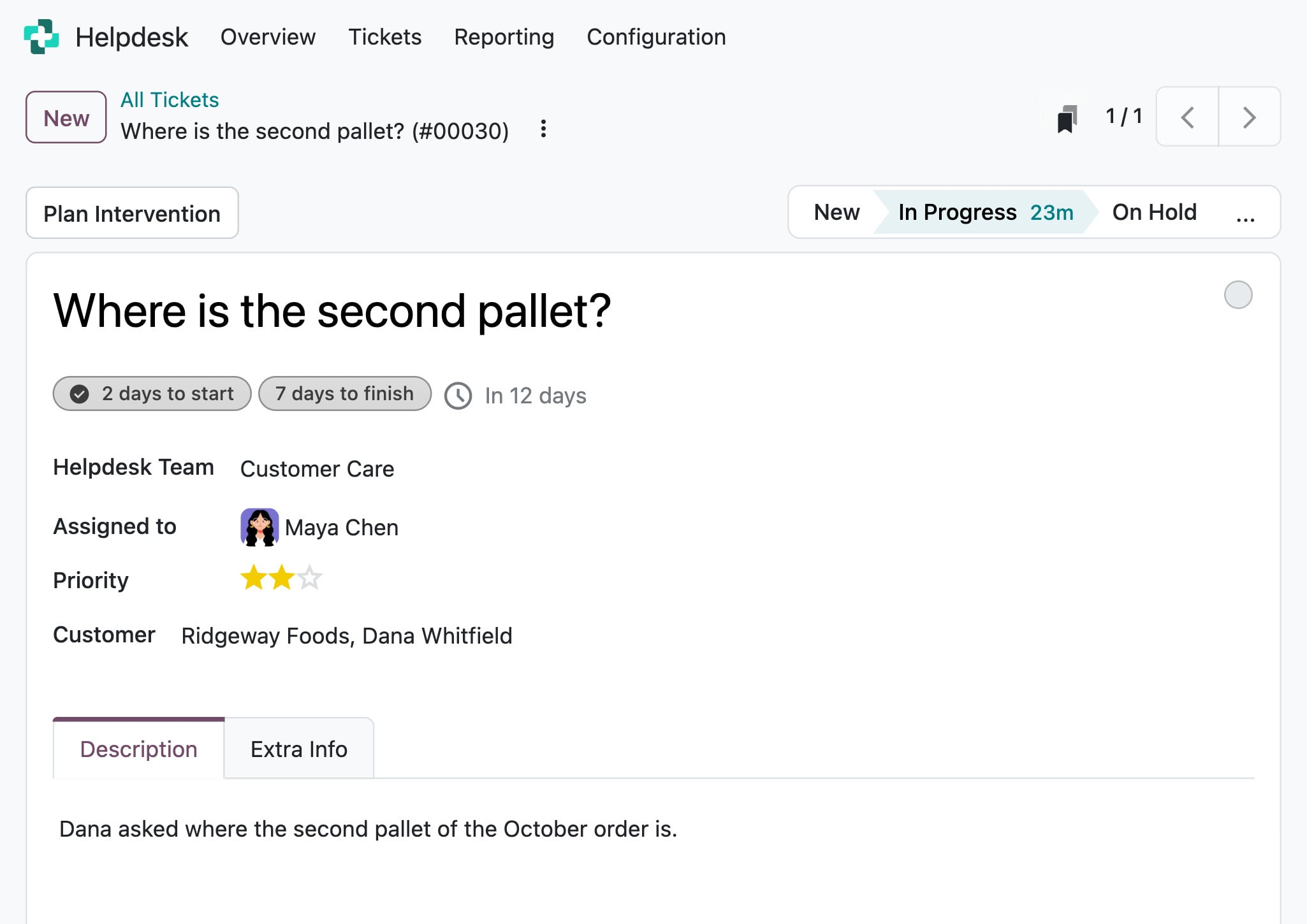 Odoo Helpdesk: the ticket Where is the second pallet?, from Dana Whitfield, owned by Maya Chen