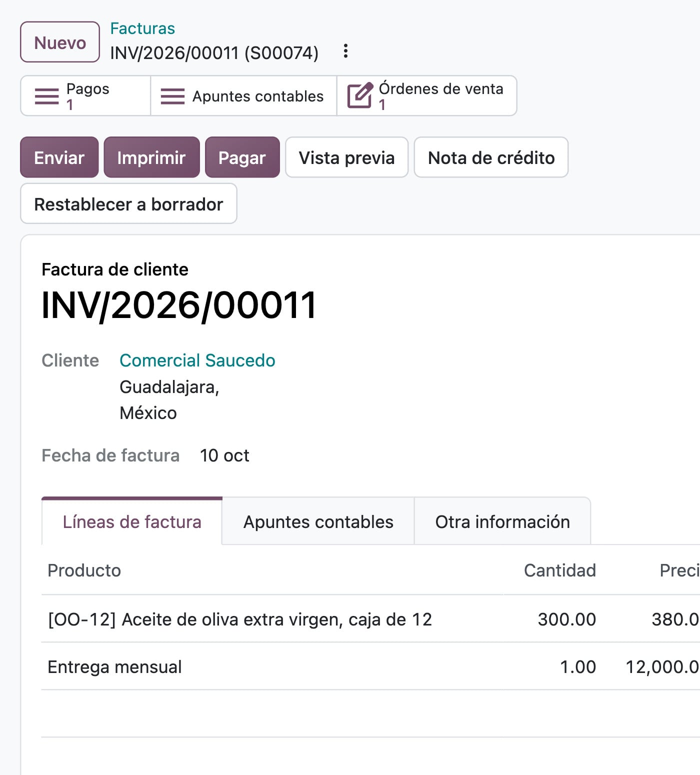 Contabilidad de Odoo: la factura INV/2026/00011 de Comercial Saucedo, $126,000, en proceso de pago