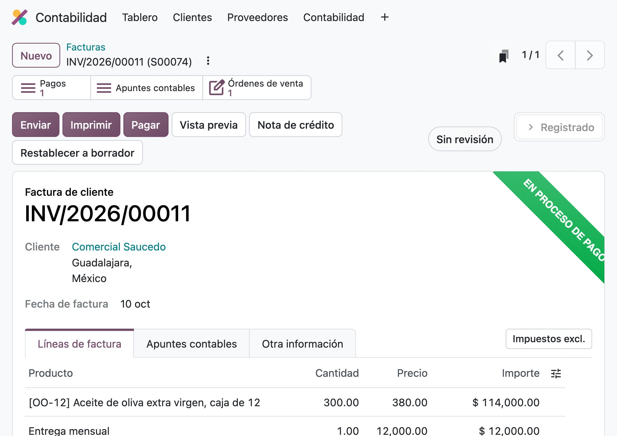 Contabilidad de Odoo: la factura INV/2026/00011 de Comercial Saucedo, $126,000, en proceso de pago