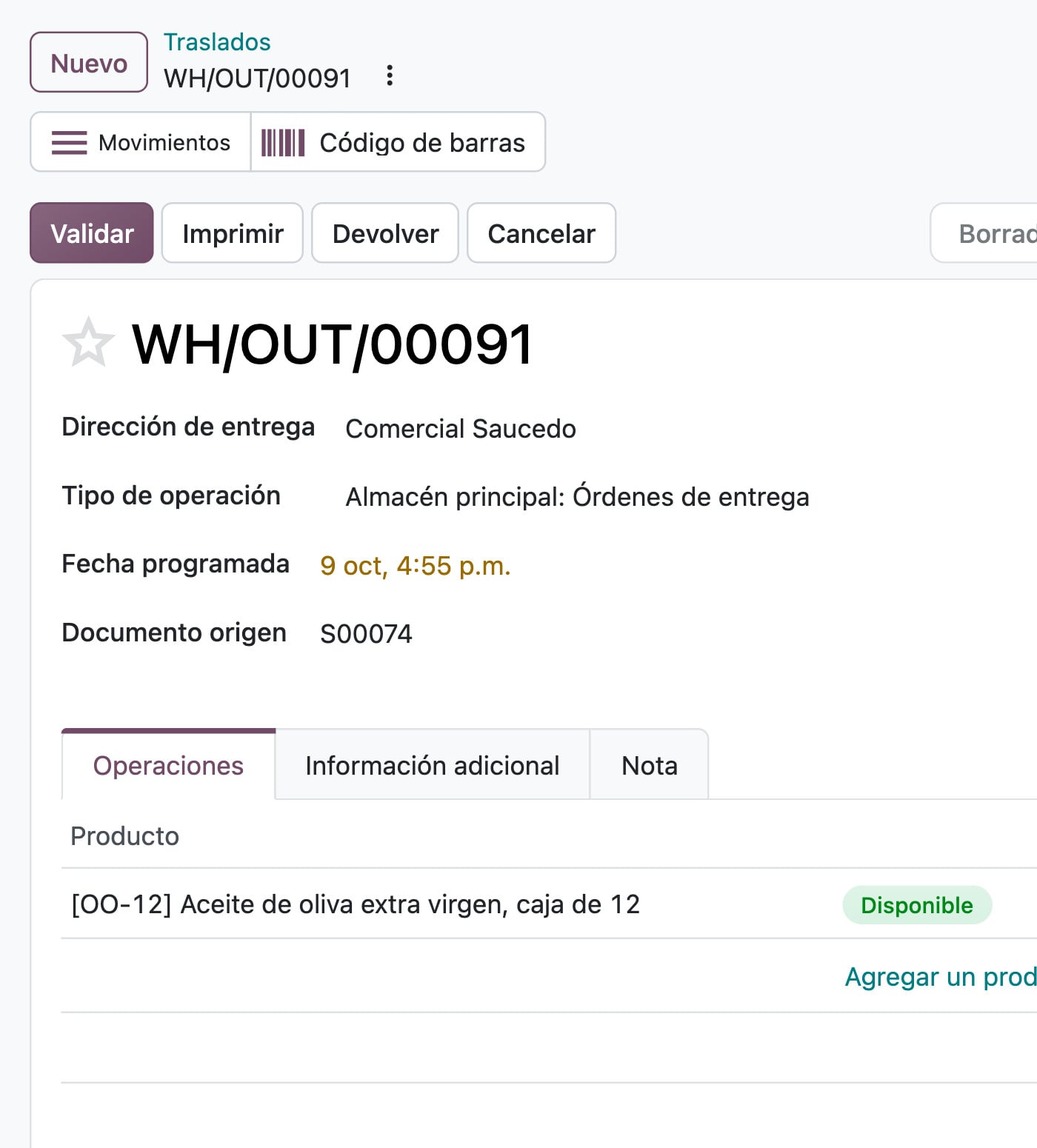 Inventario de Odoo: la entrega WH/OUT/00091 a Comercial Saucedo, 300 cajas apartadas y listas