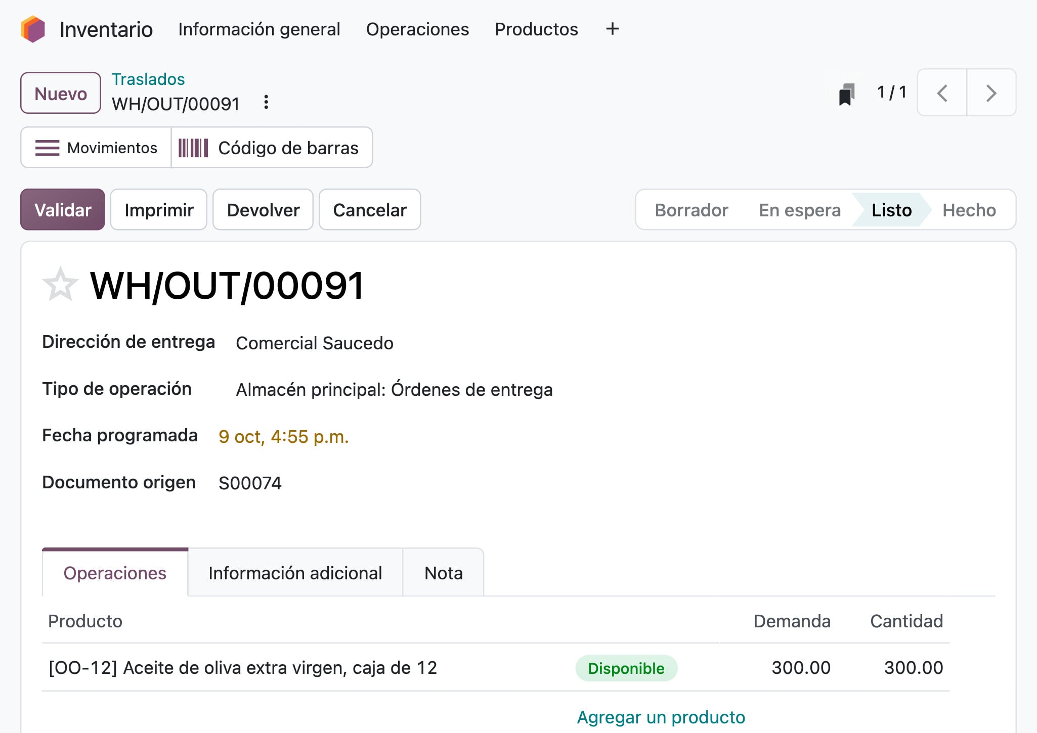 Inventario de Odoo: la entrega WH/OUT/00091 a Comercial Saucedo, 300 cajas apartadas y listas