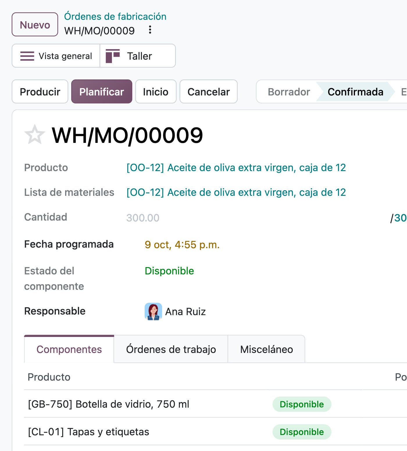 Manufactura de Odoo: la orden WH/MO/00009 por 300 cajas, con todos los componentes disponibles