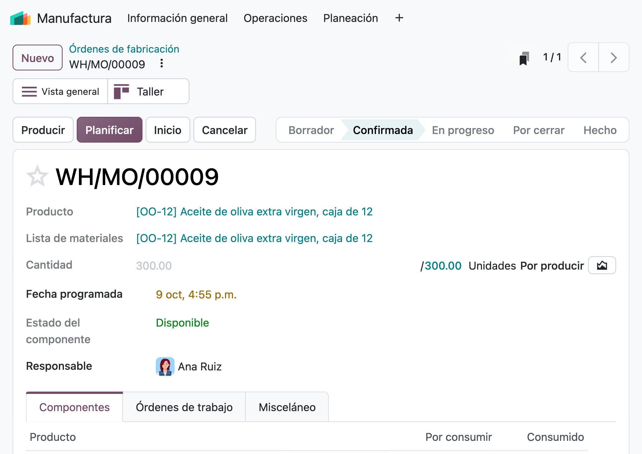 Manufactura de Odoo: la orden WH/MO/00009 por 300 cajas, con todos los componentes disponibles