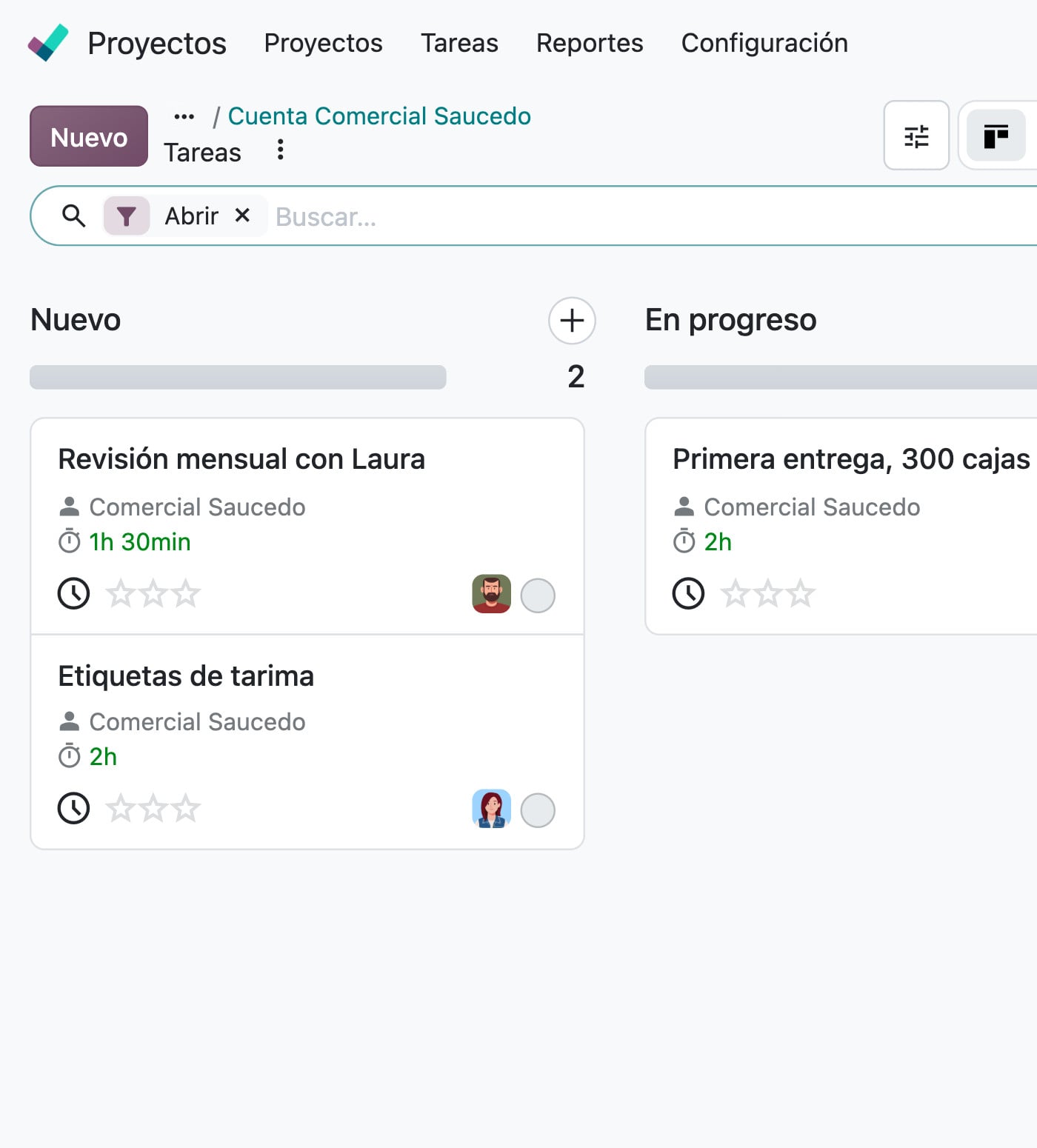 Proyectos de Odoo: la cuenta de Comercial Saucedo, sus tareas y las horas registradas en cada una