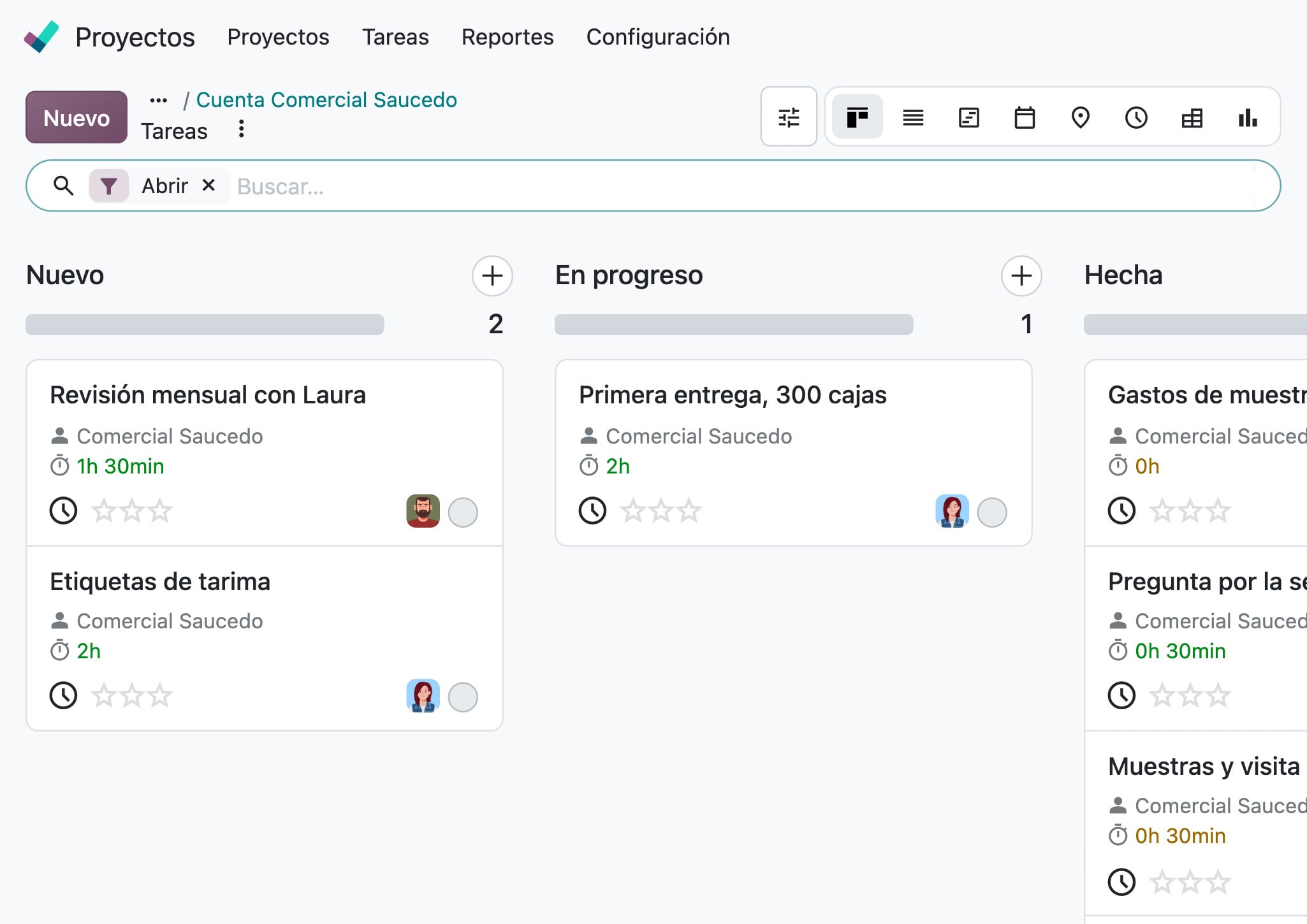 Proyectos de Odoo: la cuenta de Comercial Saucedo, sus tareas y las horas registradas en cada una