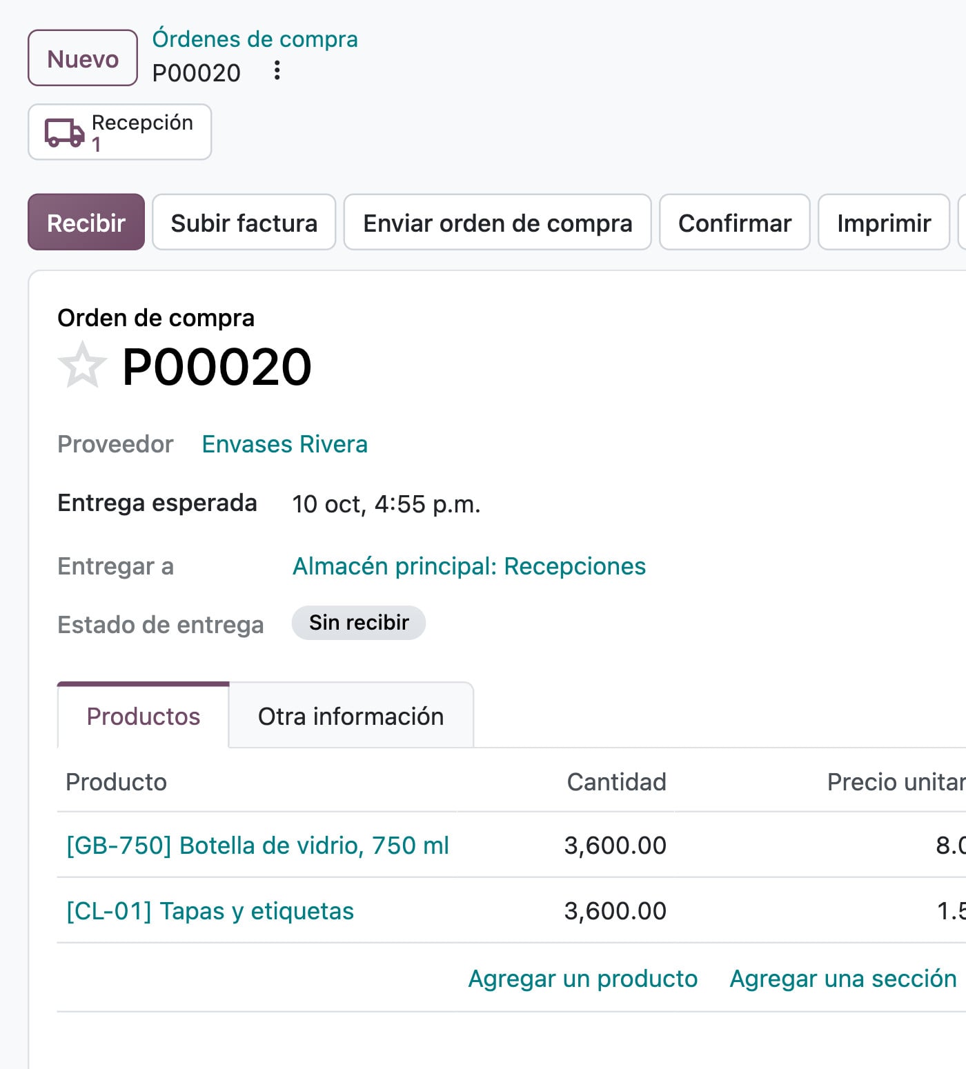 Compras de Odoo: la orden P00020 a Envases Rivera por 3,600 botellas y 3,600 tapas y etiquetas