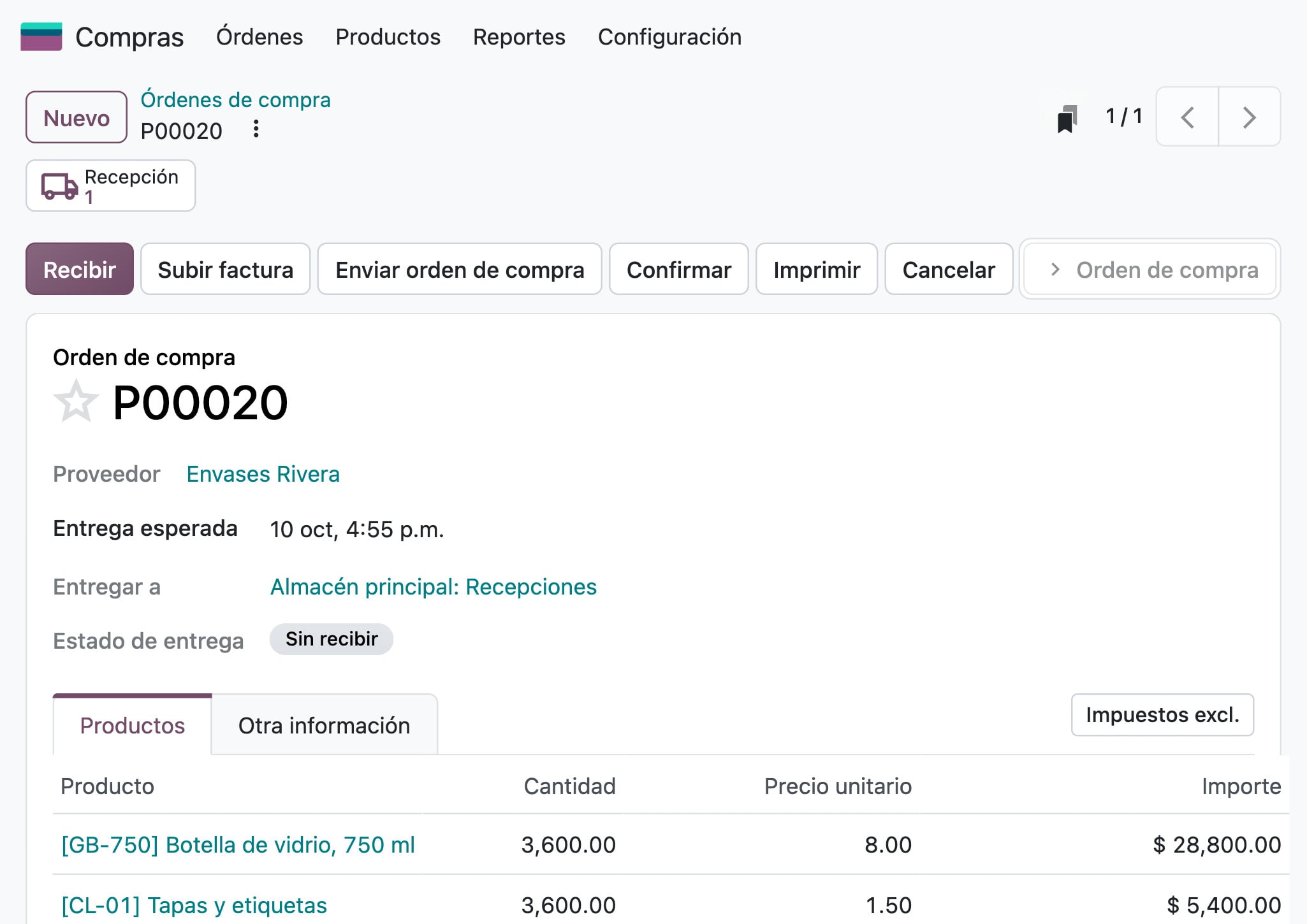 Compras de Odoo: la orden P00020 a Envases Rivera por 3,600 botellas y 3,600 tapas y etiquetas