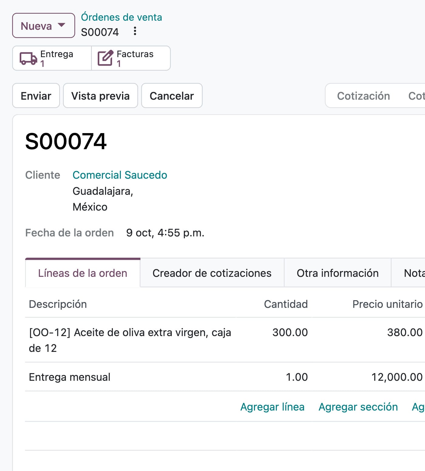 Ventas de Odoo: la orden S00074 de Comercial Saucedo, 300 cajas de aceite de oliva y la entrega mensual, $126,000