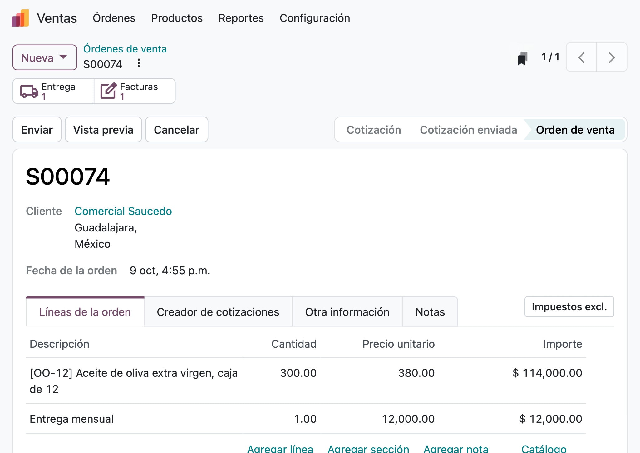 Ventas de Odoo: la orden S00074 de Comercial Saucedo, 300 cajas de aceite de oliva y la entrega mensual, $126,000