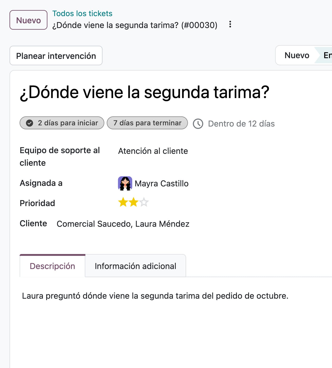 Soporte al cliente de Odoo: el ticket ¿Dónde viene la segunda tarima?, de Laura Méndez, a cargo de Mayra Castillo