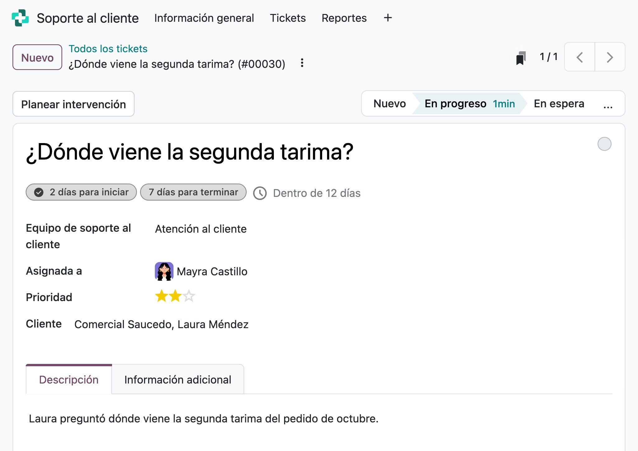 Soporte al cliente de Odoo: el ticket ¿Dónde viene la segunda tarima?, de Laura Méndez, a cargo de Mayra Castillo