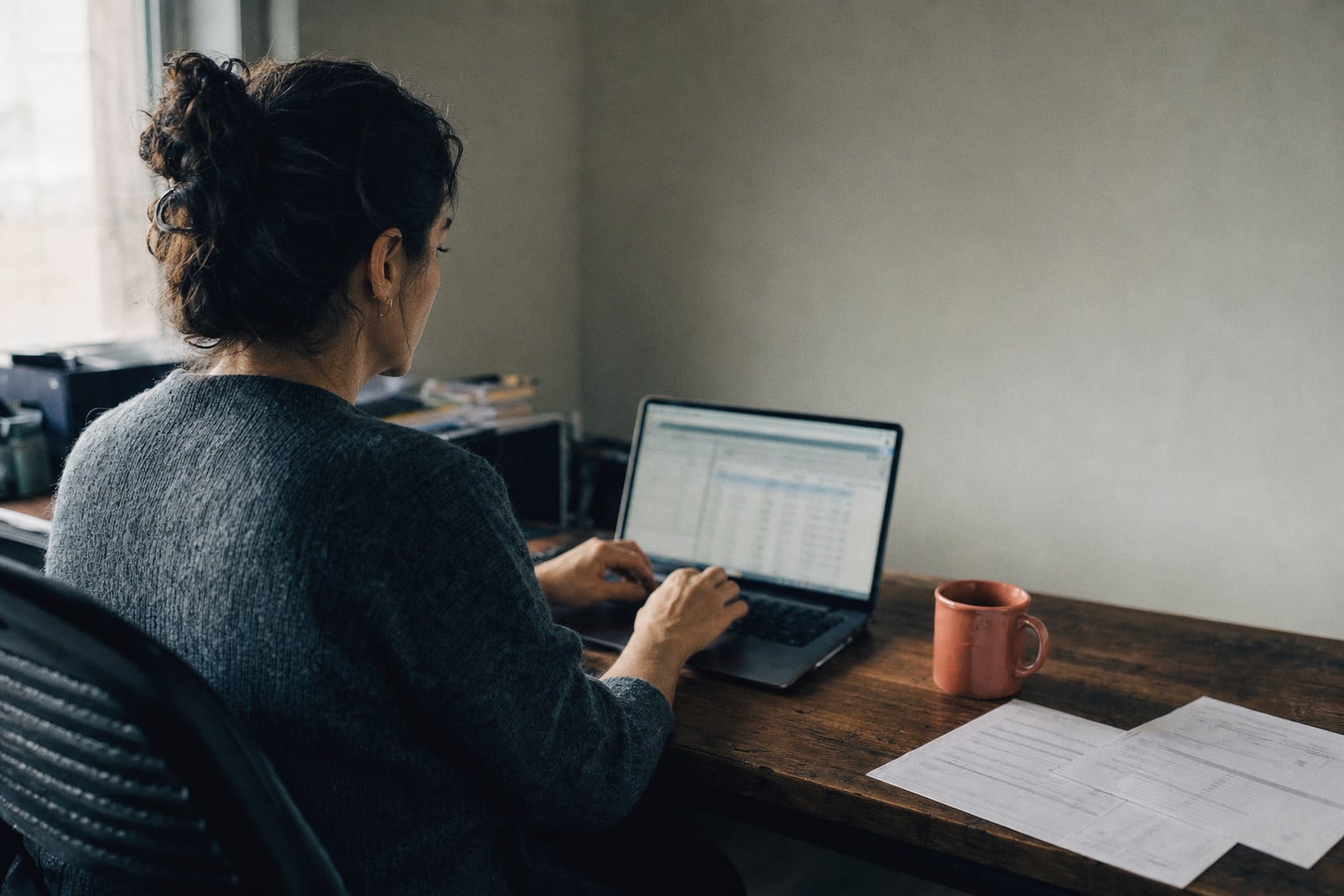 A seller at her desk, working on a laptop
