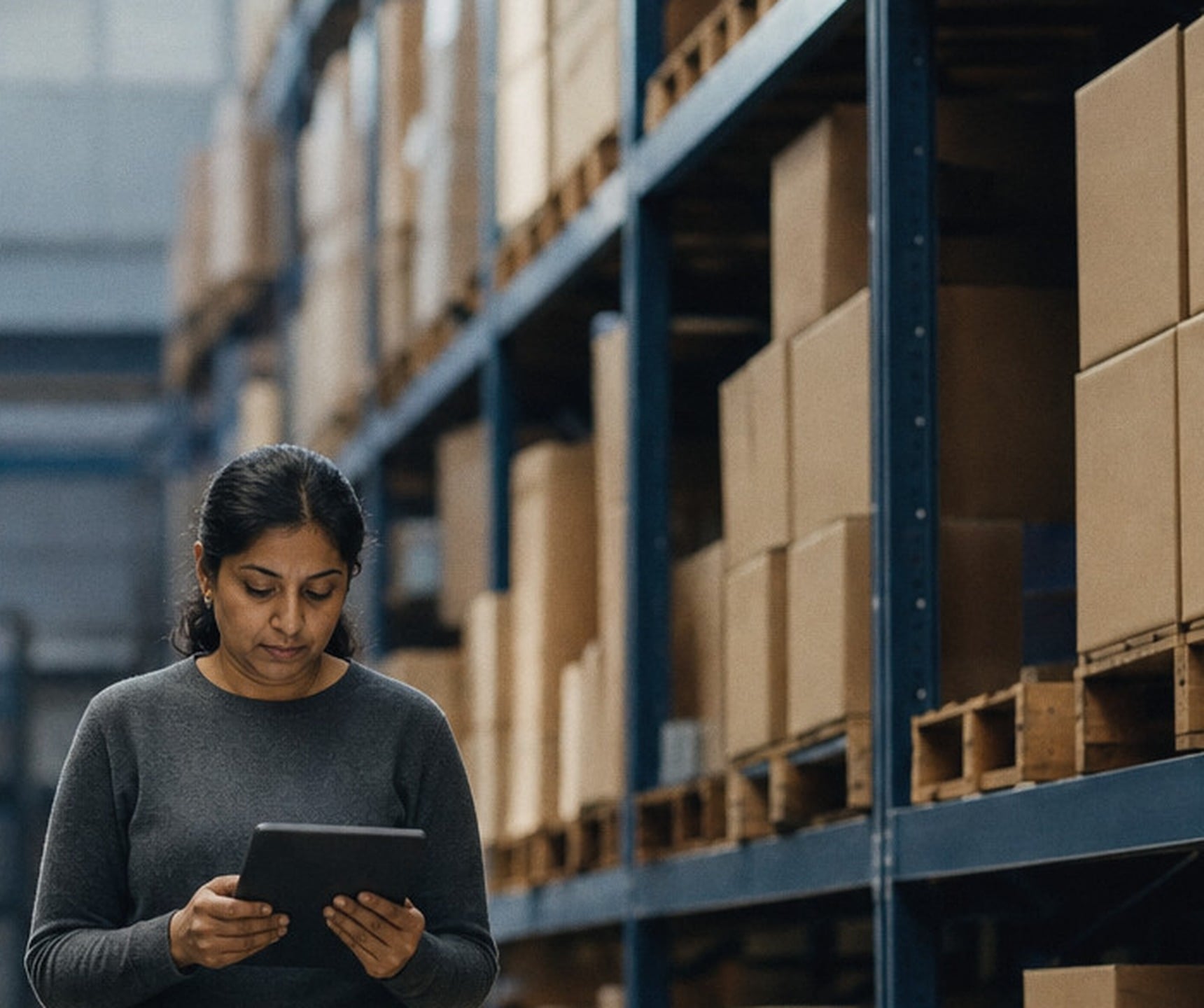 A warehouse lead checking stock on a tablet between the shelves