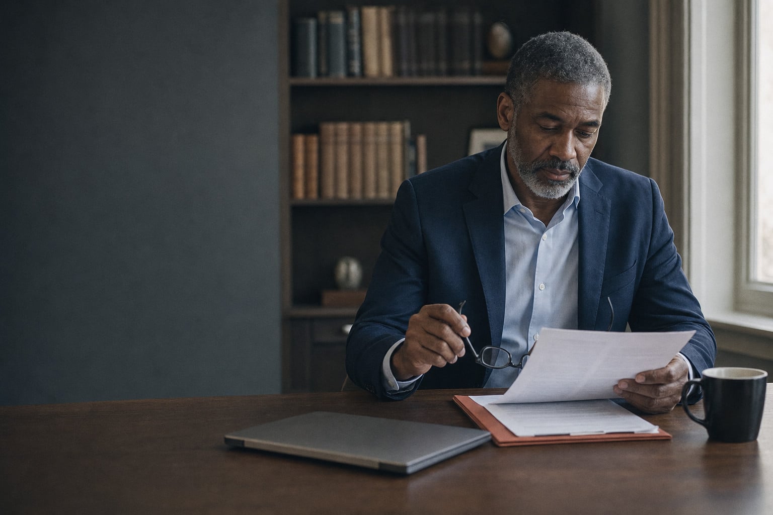 A sales manager reading the signed quote at his desk