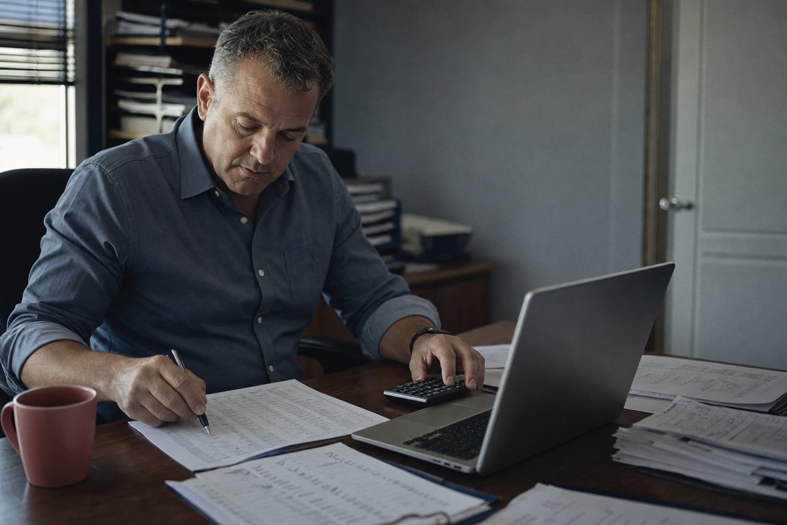 A man at his desk going through printed figures beside a laptop and a calculator