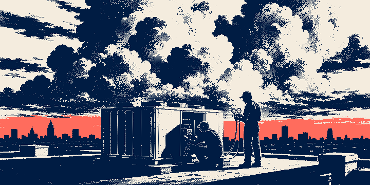 Two HVAC technicians at a rooftop condenser under a towering clouded sky, printed as a one-bit dithered plate