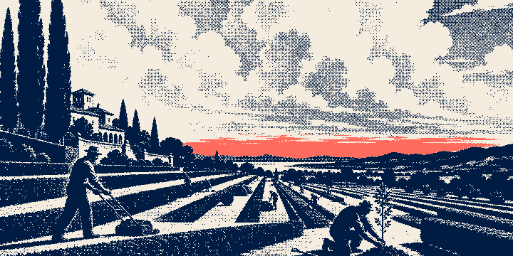 A landscape crew mows and plants on a terraced hillside under a monumental sky, printed as a one-bit dithered plate