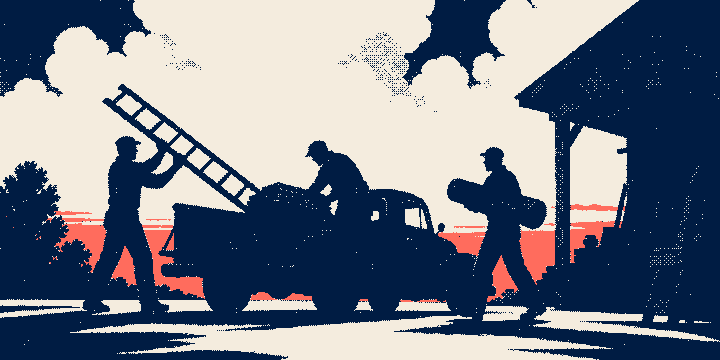 A crew loads ladders and material into a pickup at dawn, printed as a one-bit dithered plate